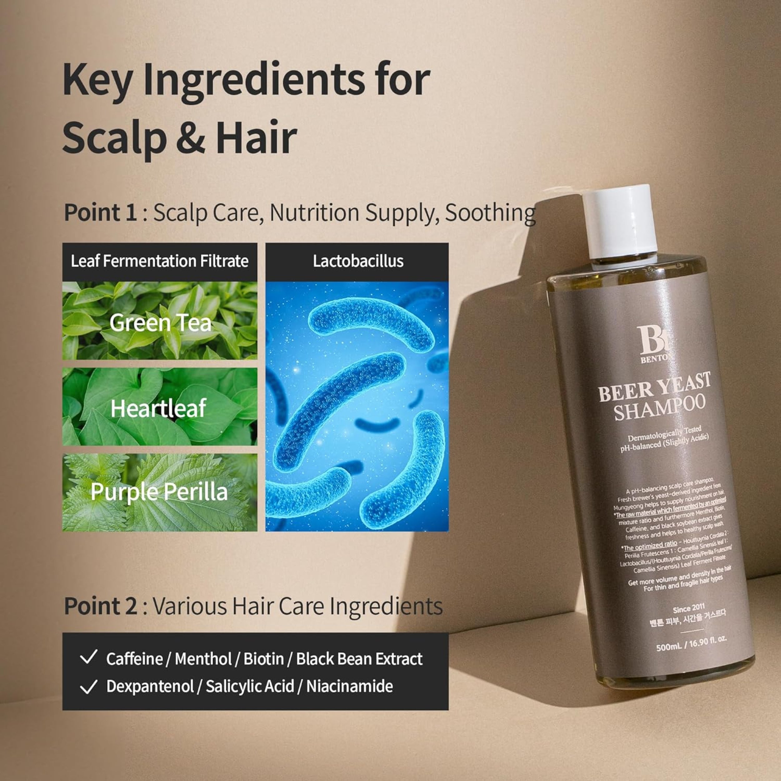 Beer yeast shampoo bottle with key ingredients for scalp and hair displayed on a beige background