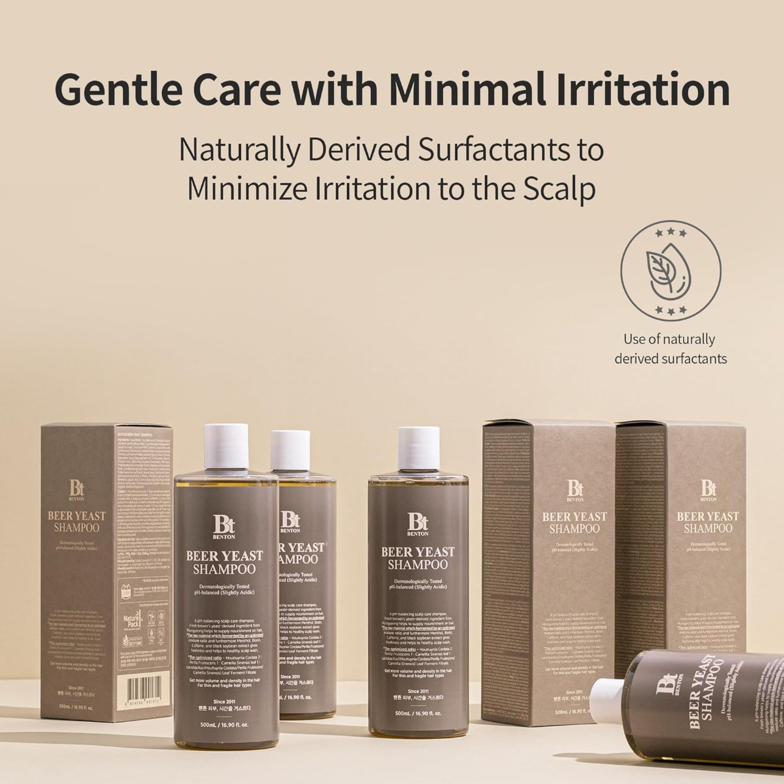 Beer Yeast Shampoo bottles and boxes with text about gentle care and minimal irritation on a beige background.