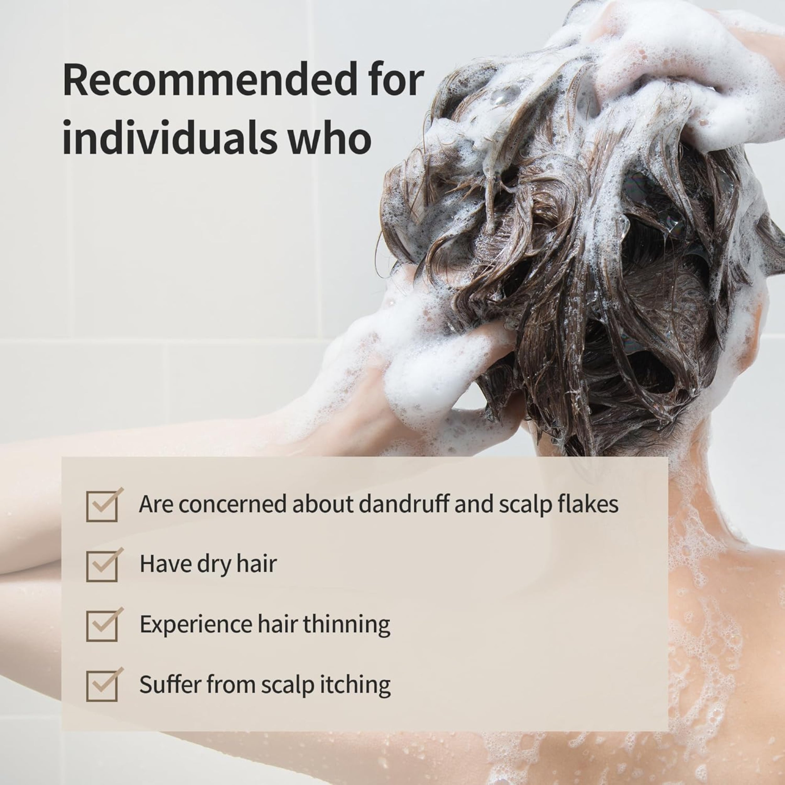 Person washing hair with text indicating product use for dandruff, dry hair, hair thinning, and scalp itching.