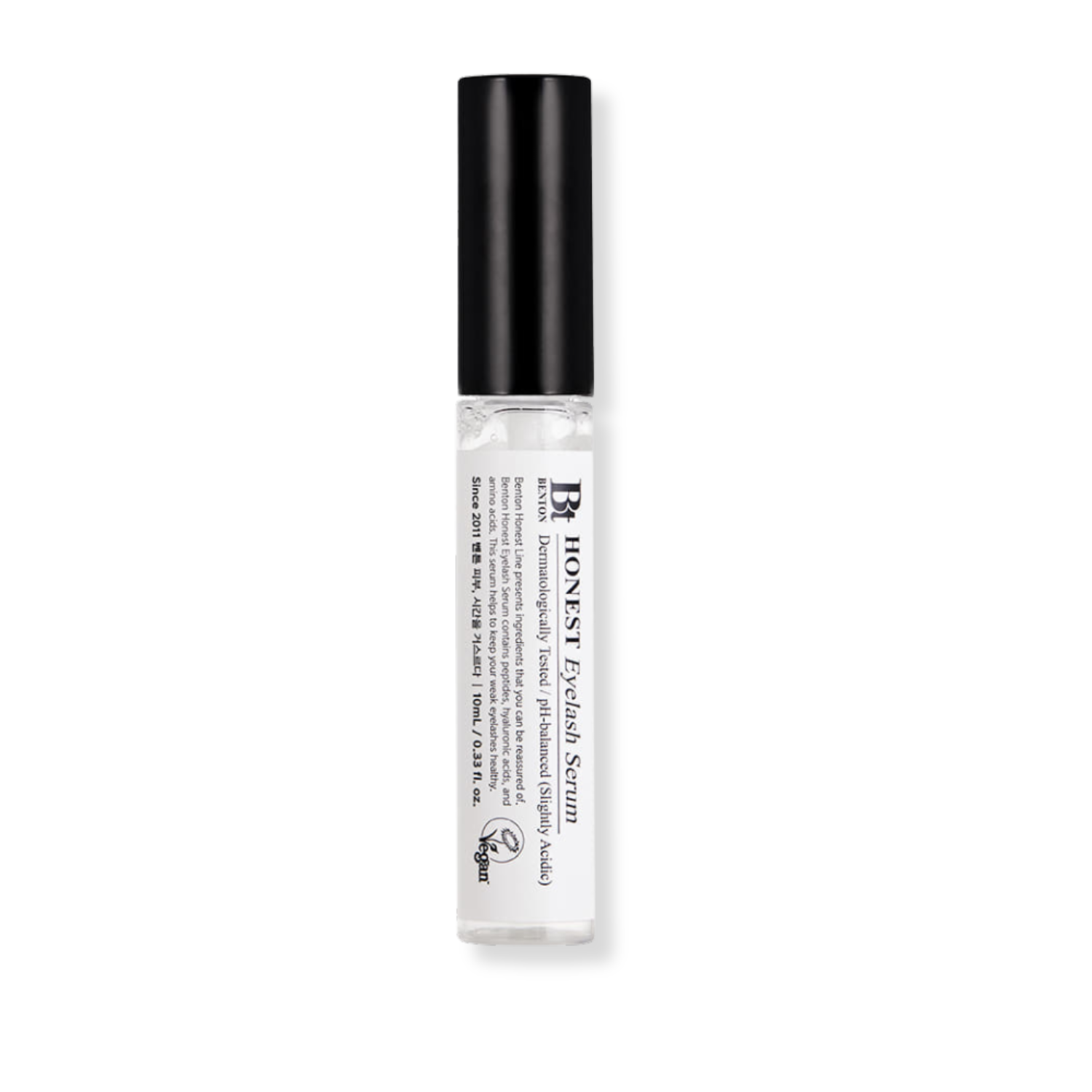 Honest Eyelash Serum bottle with black cap on a white background
