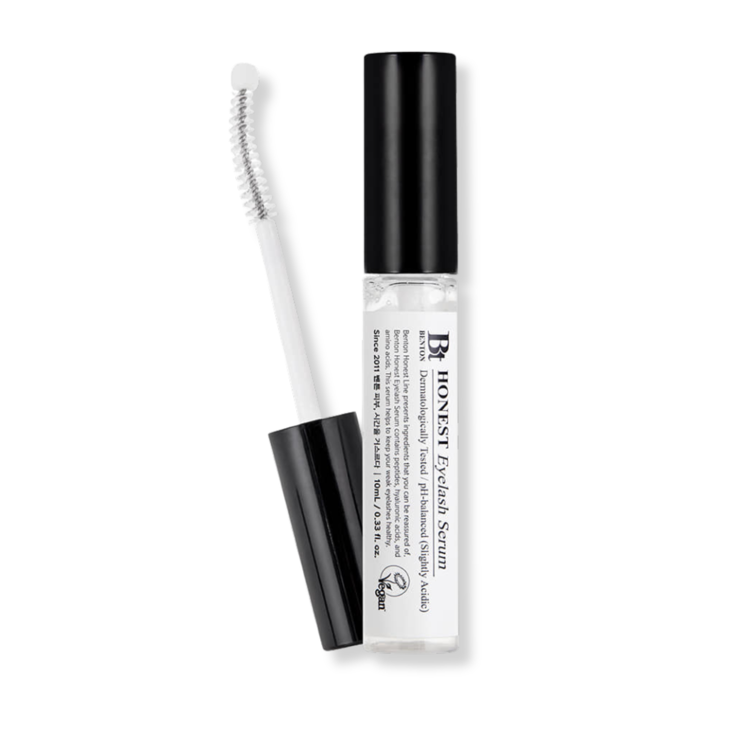 Eyelash serum with black and white packaging on a white background