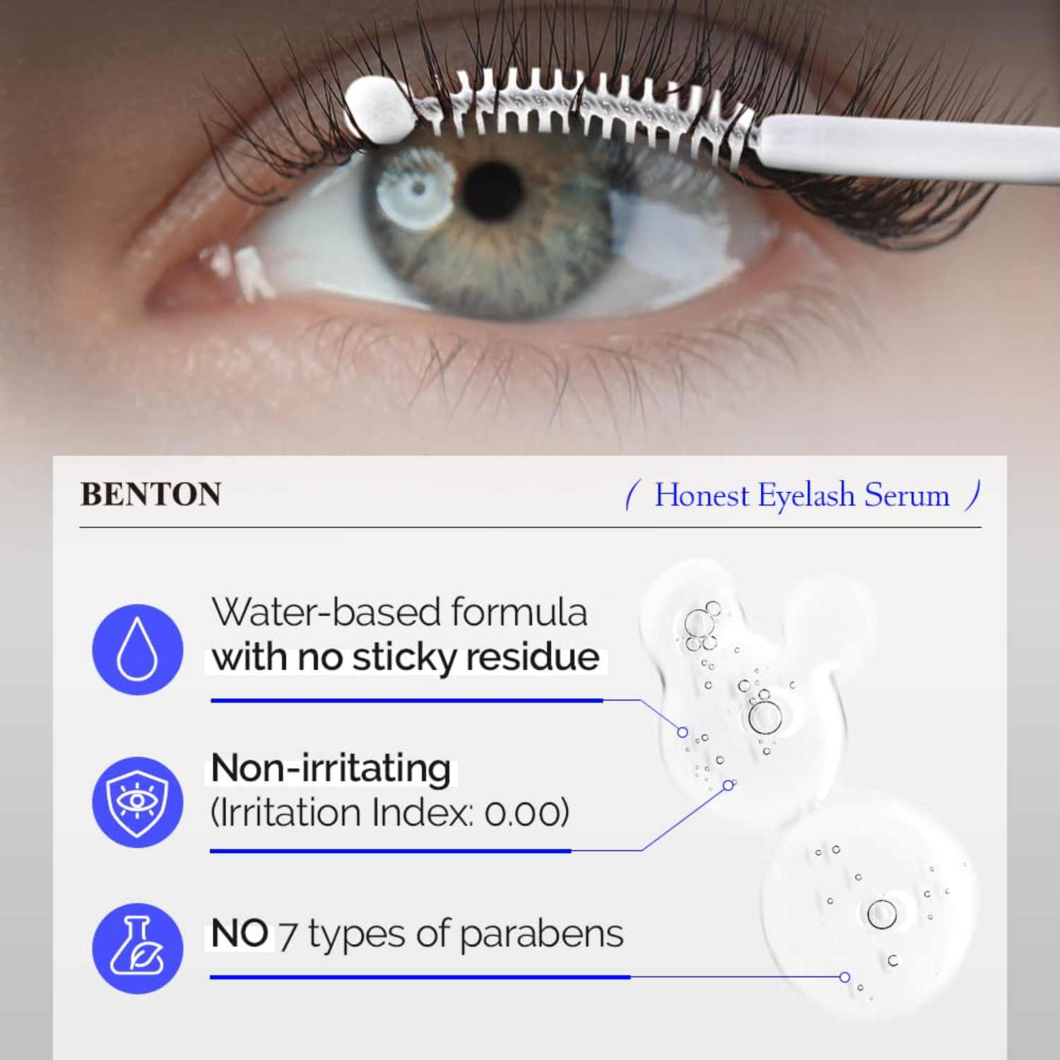 Eyelash serum being applied with a brush, close-up of eye, and Benton eyelash serum product details.