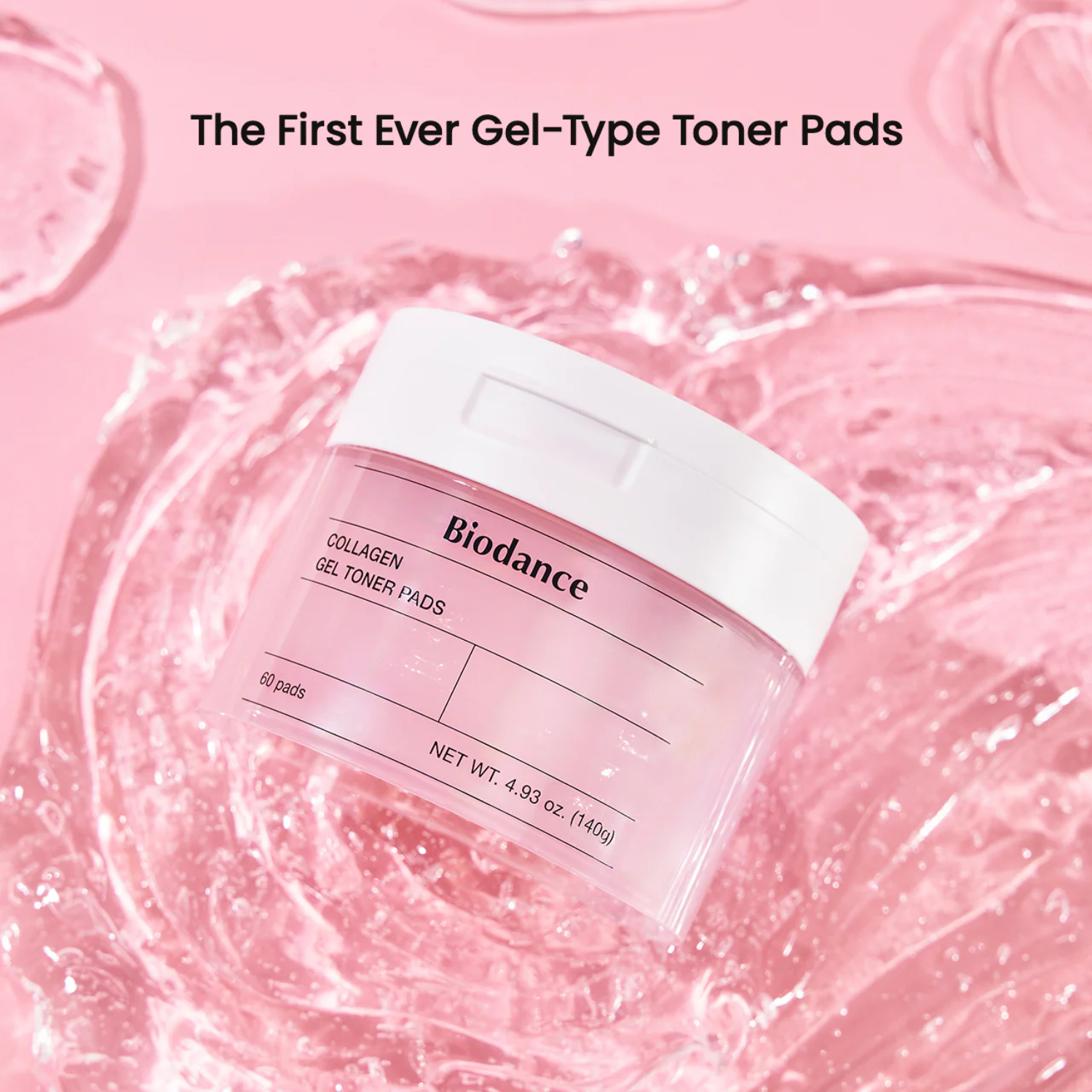 Biodance collagen gel toner pads container on a pink background