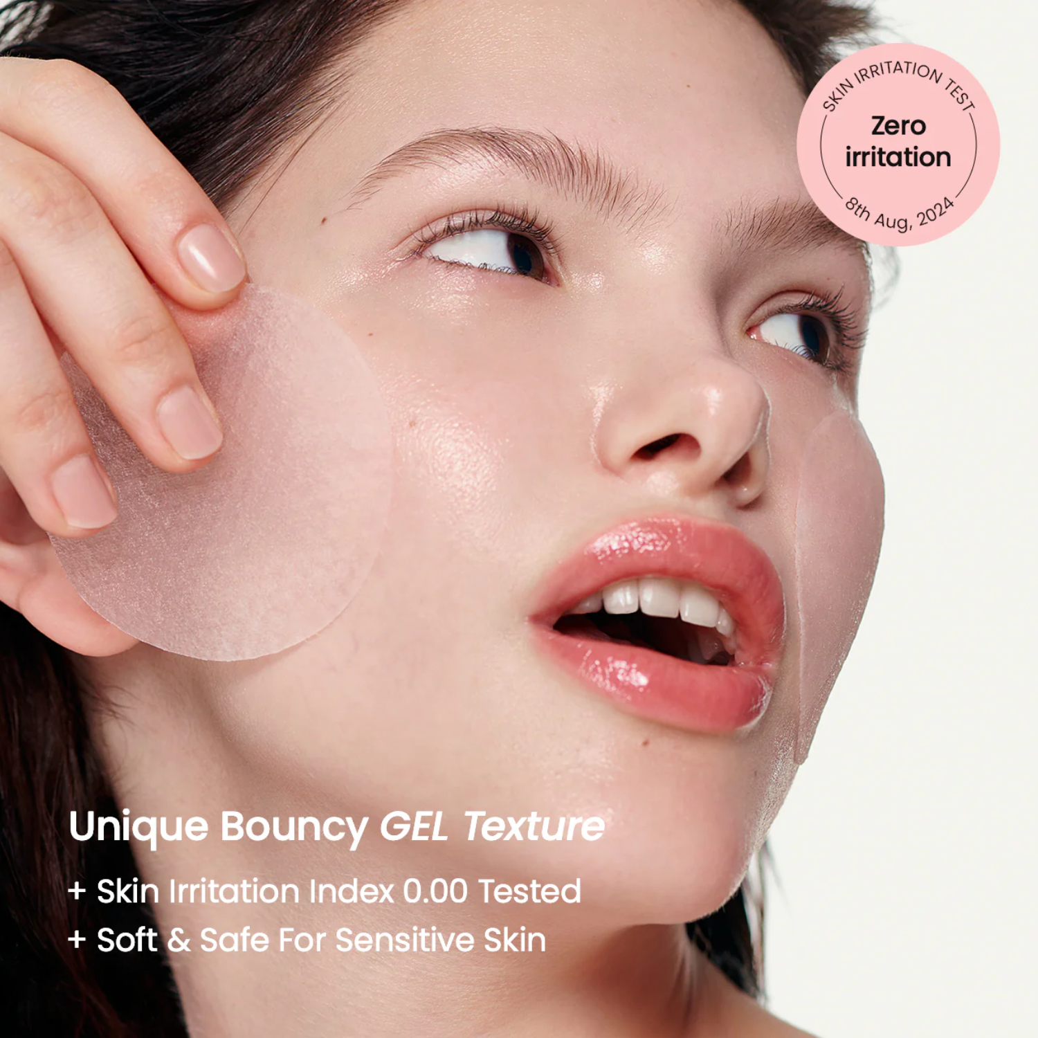 Woman applying a gel patch to her face with product details on a white background