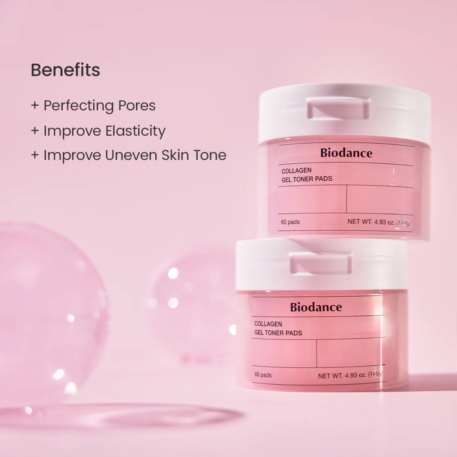 Biodance collagen gel toner pads on a pink background with text listing benefits.