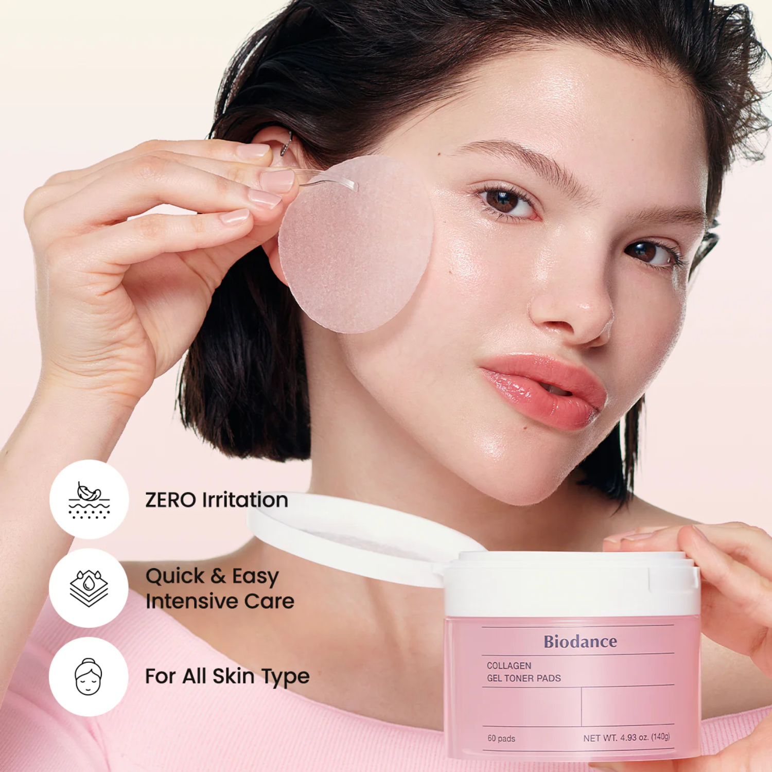 Woman applying collagen gel toner pads with Biodance product on a light pink background