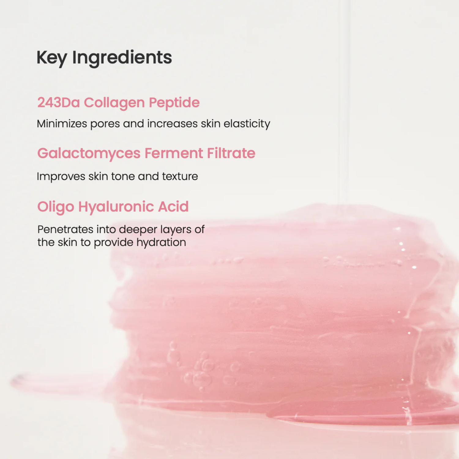List of key ingredients with a pink cosmetic product background