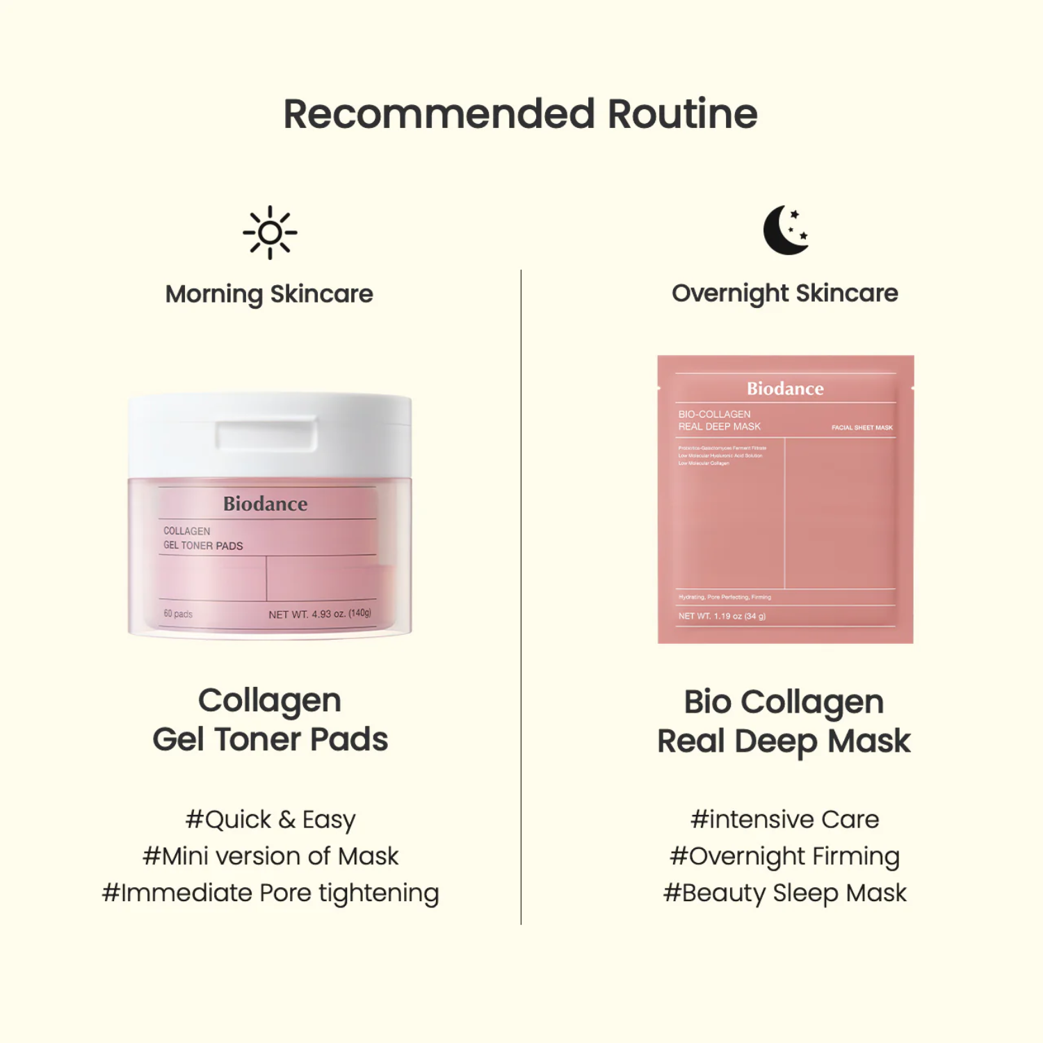 Biodance skincare products with morning and overnight skincare routines on a white background