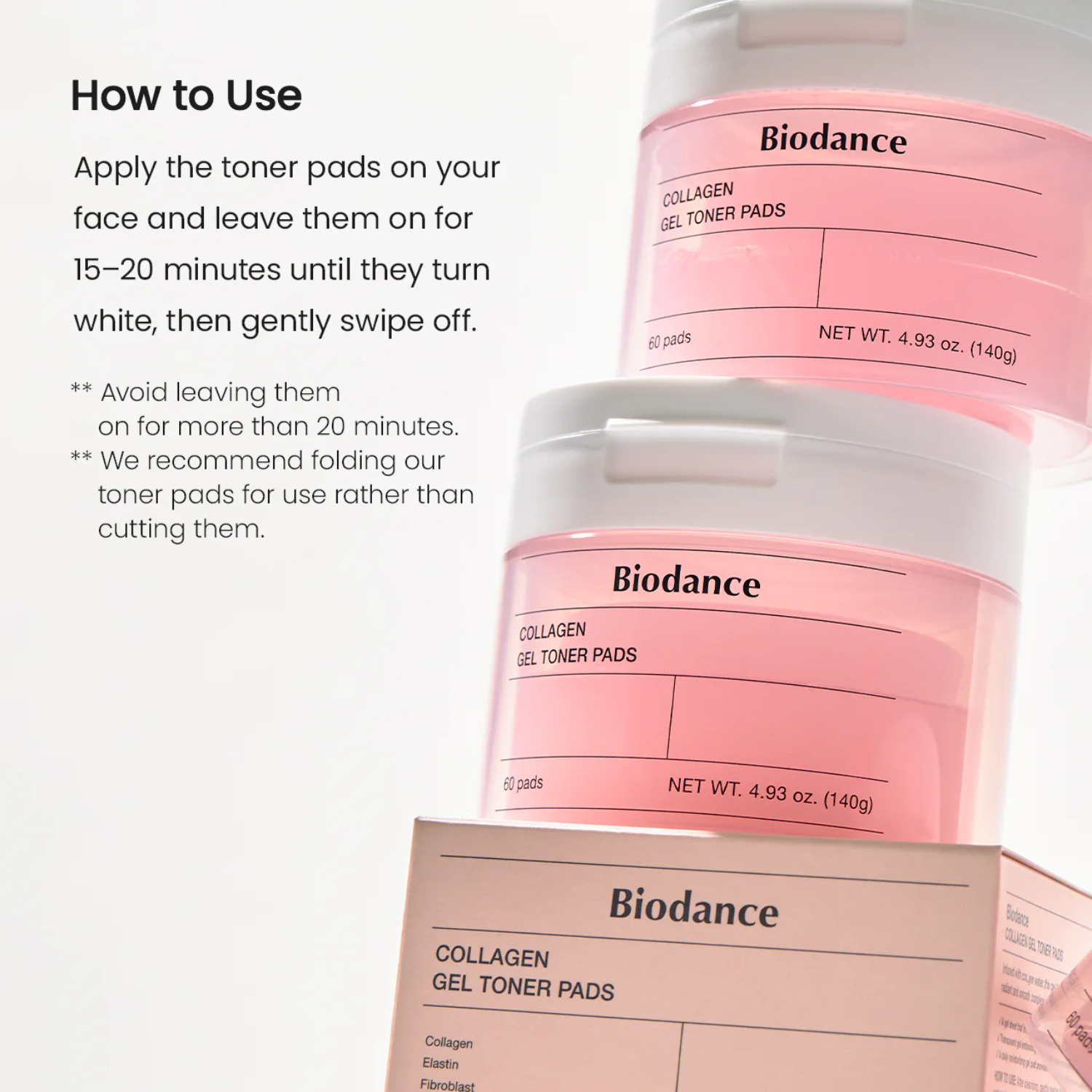 Biodance collagen gel toner pads with packaging and usage instructions on a white background