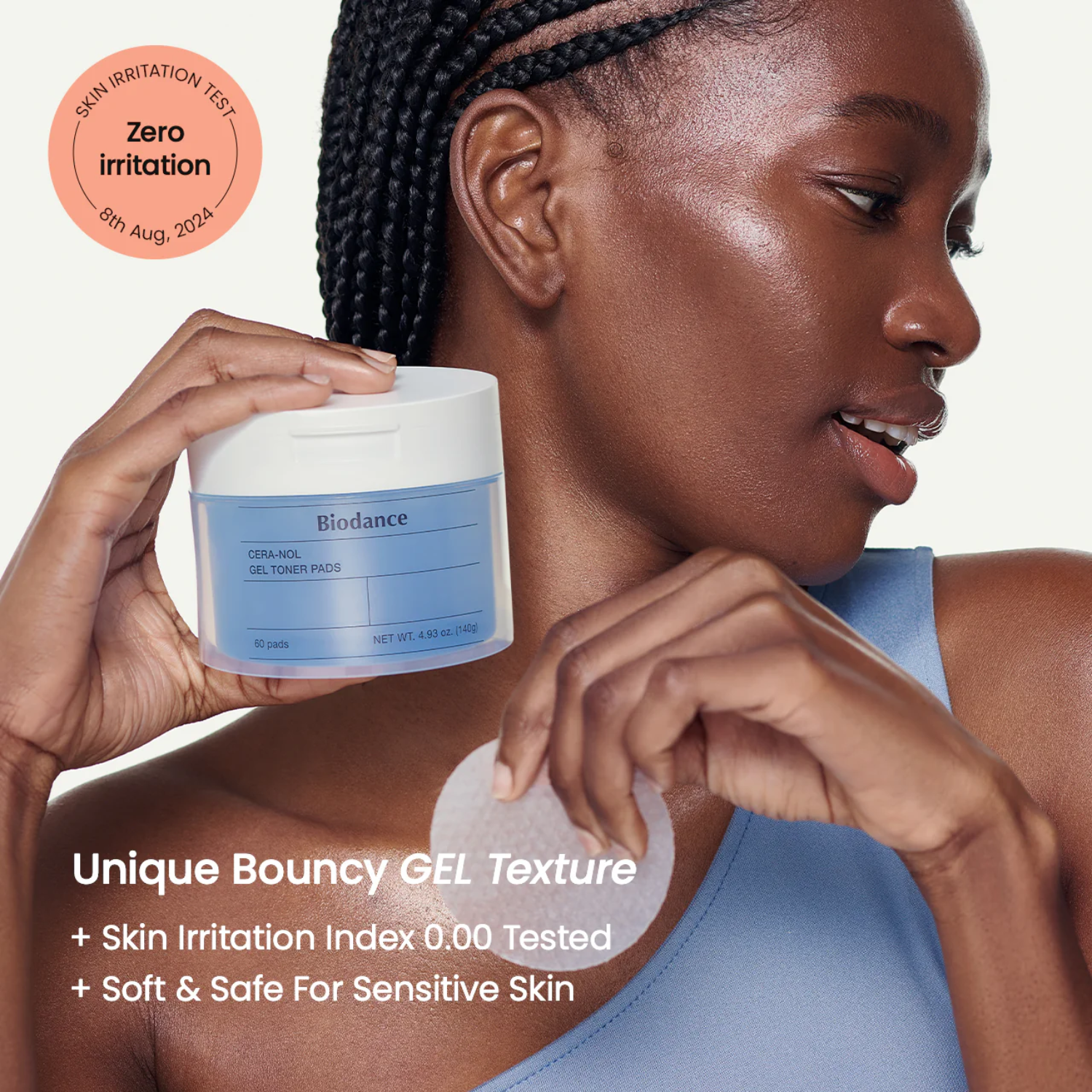 Woman holding a Biodance product with text about unique bouncy gel texture and zero skin irritation.