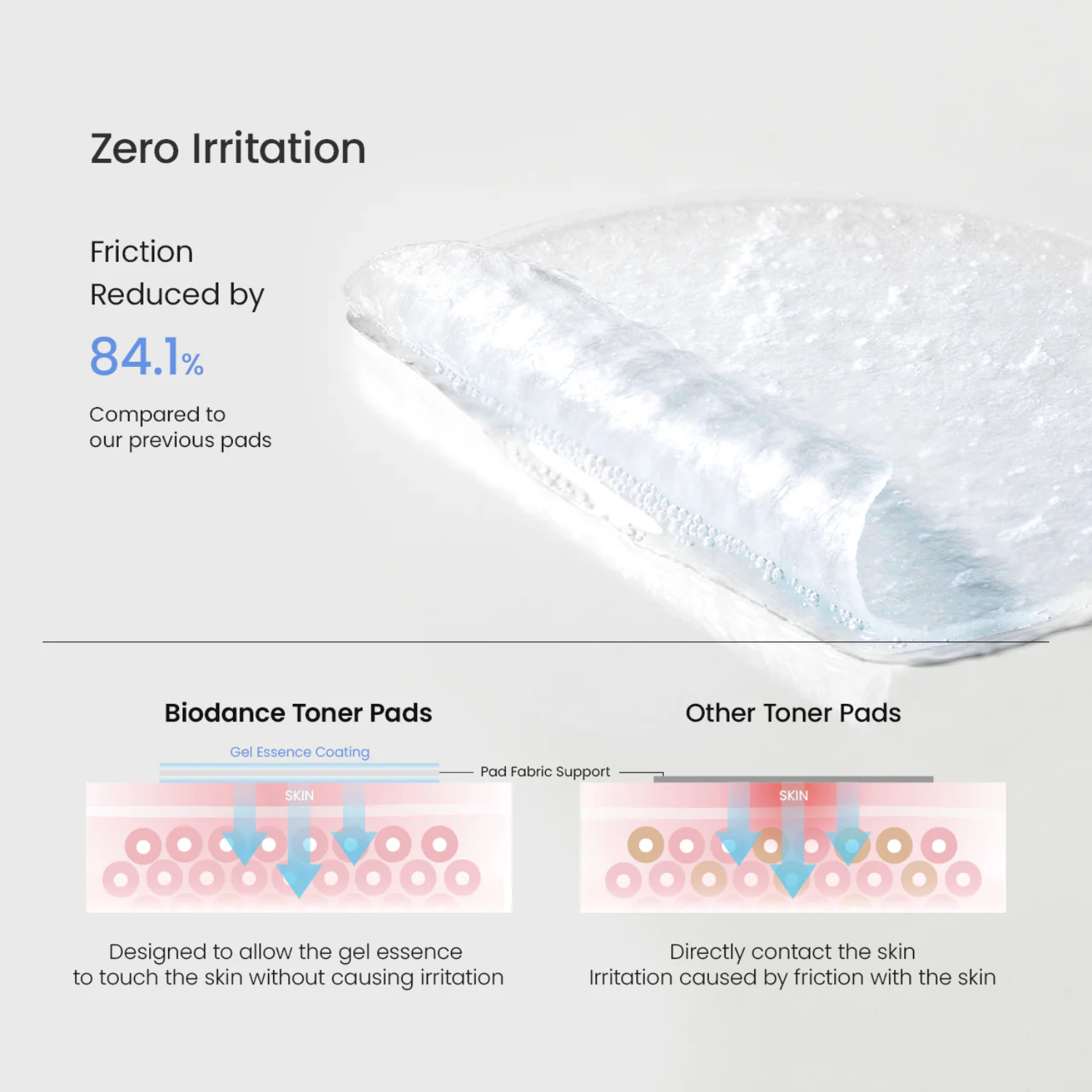 Biodance toner pads with text highlighting zero irritation and friction reduction.