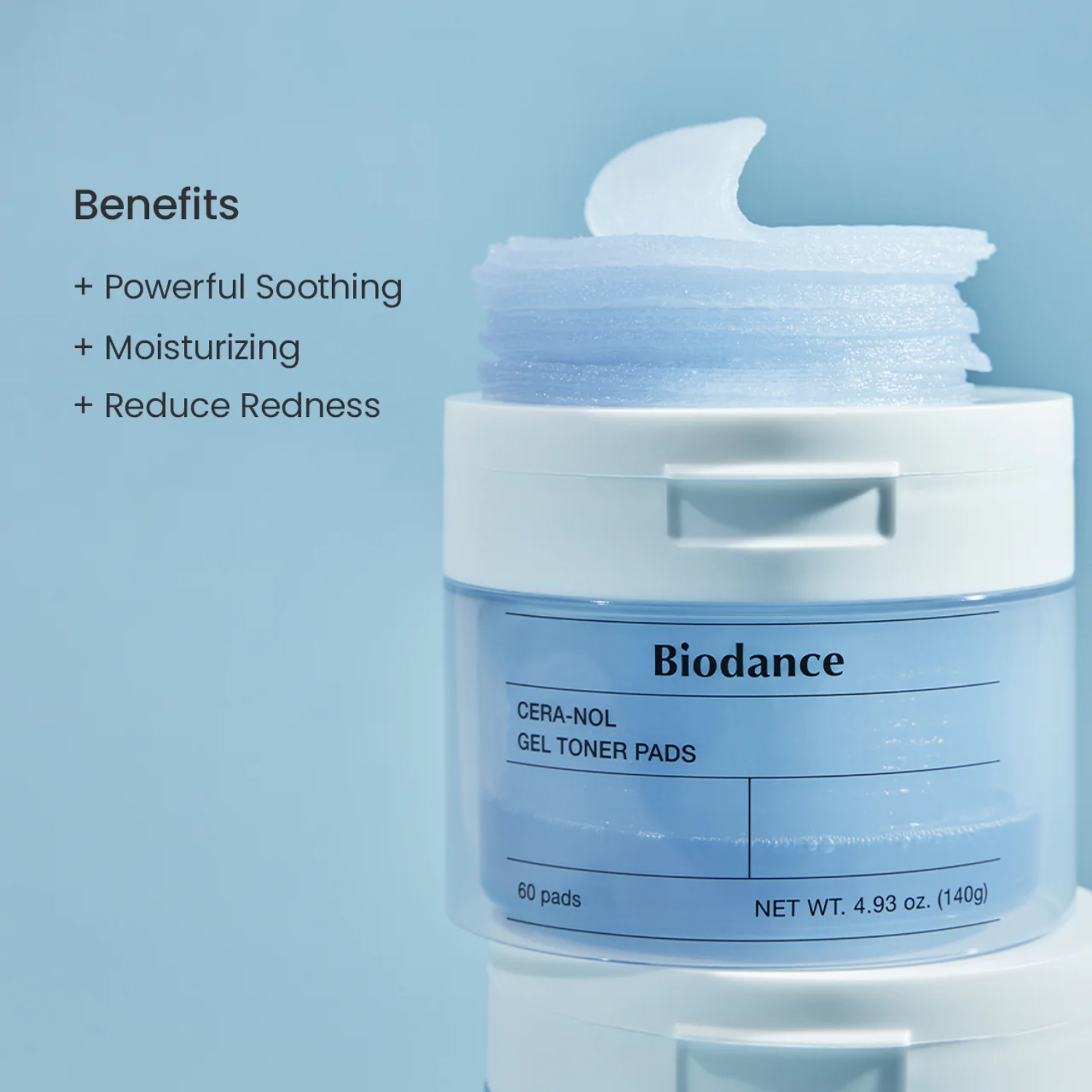 Biodance Cera-Nol Gel Toner Pads with benefits listed on a light blue background