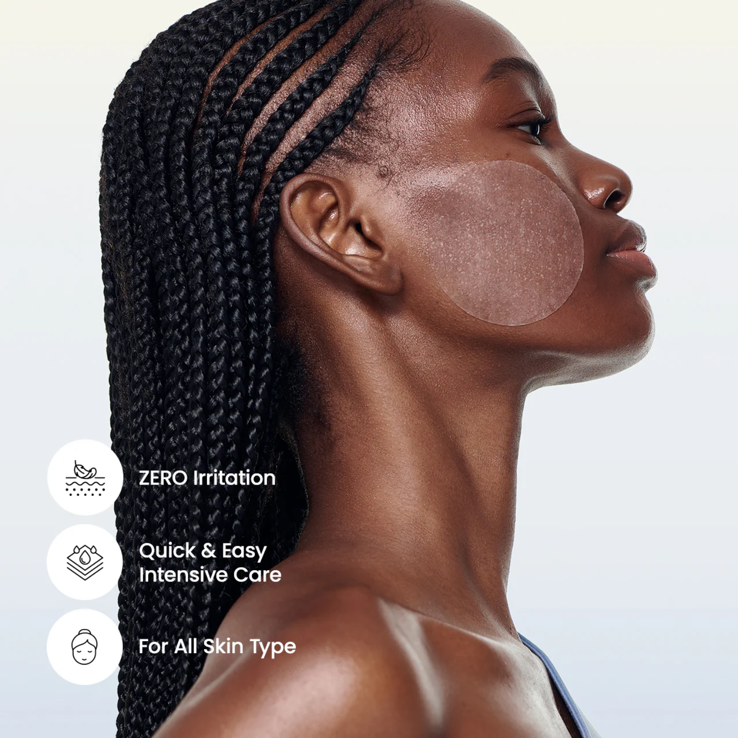 Woman with braided hair and a focus on her face, with text about skincare product benefits.