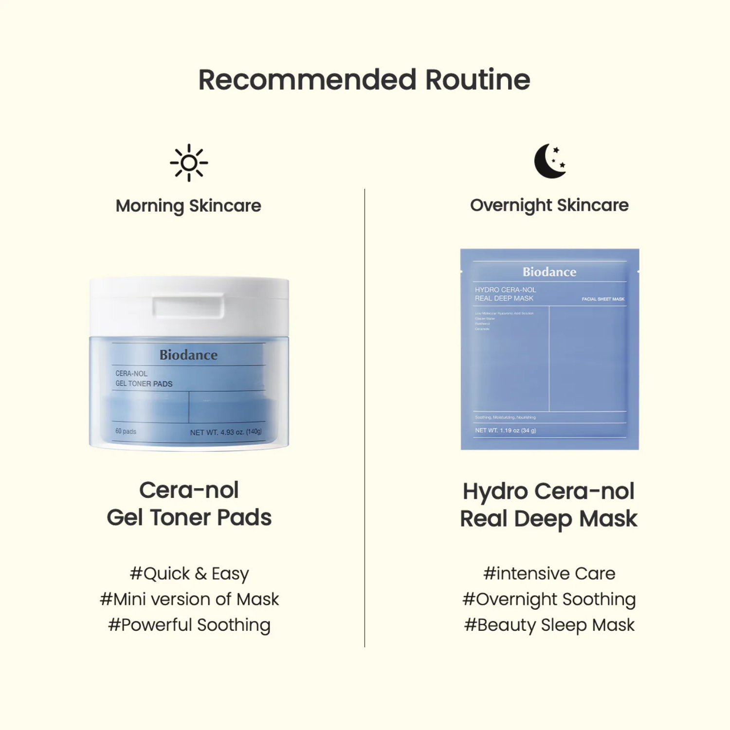 Bioderma skincare products with morning and overnight routines on a white background