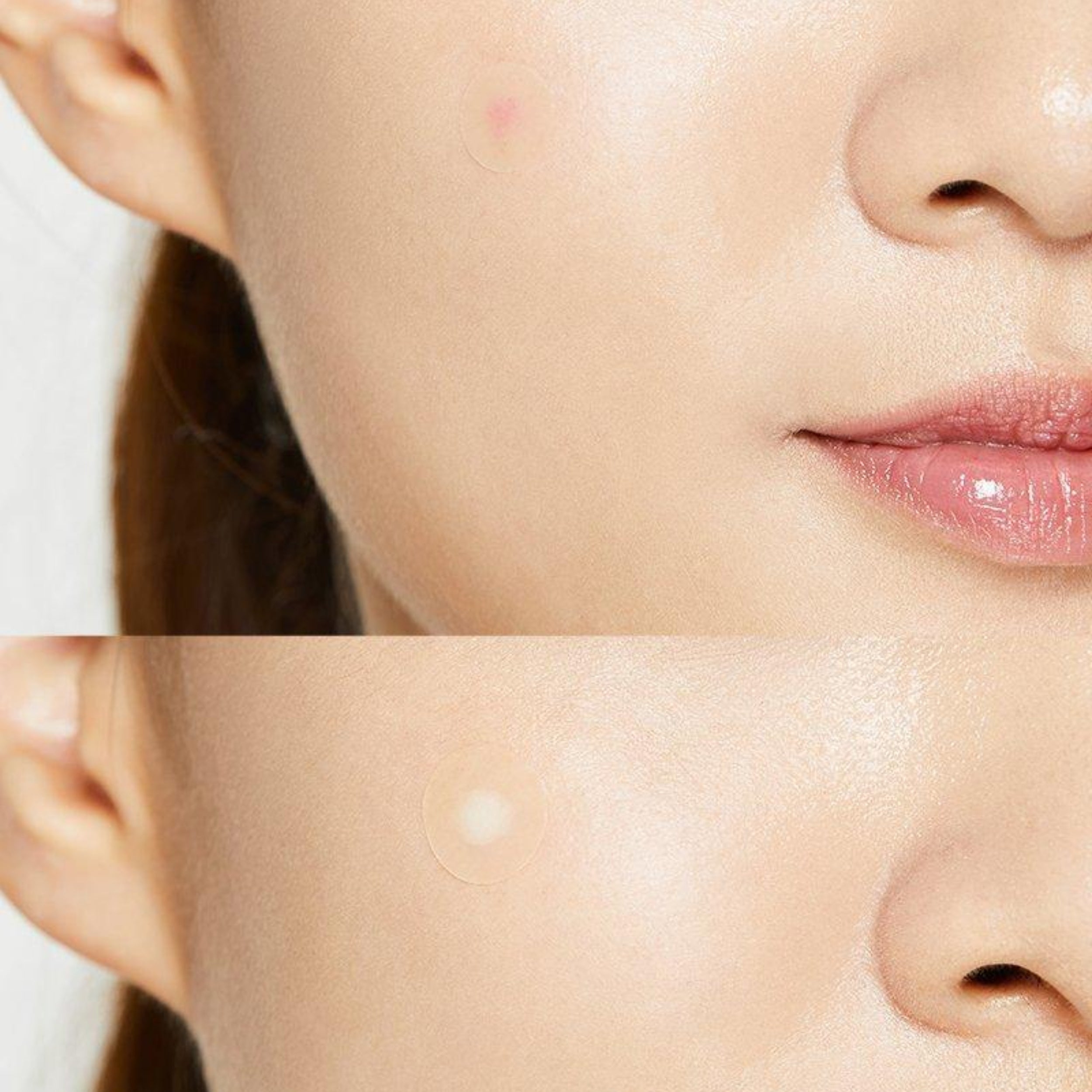 Close-up of a person's face with a before and after comparison of skincare product application.