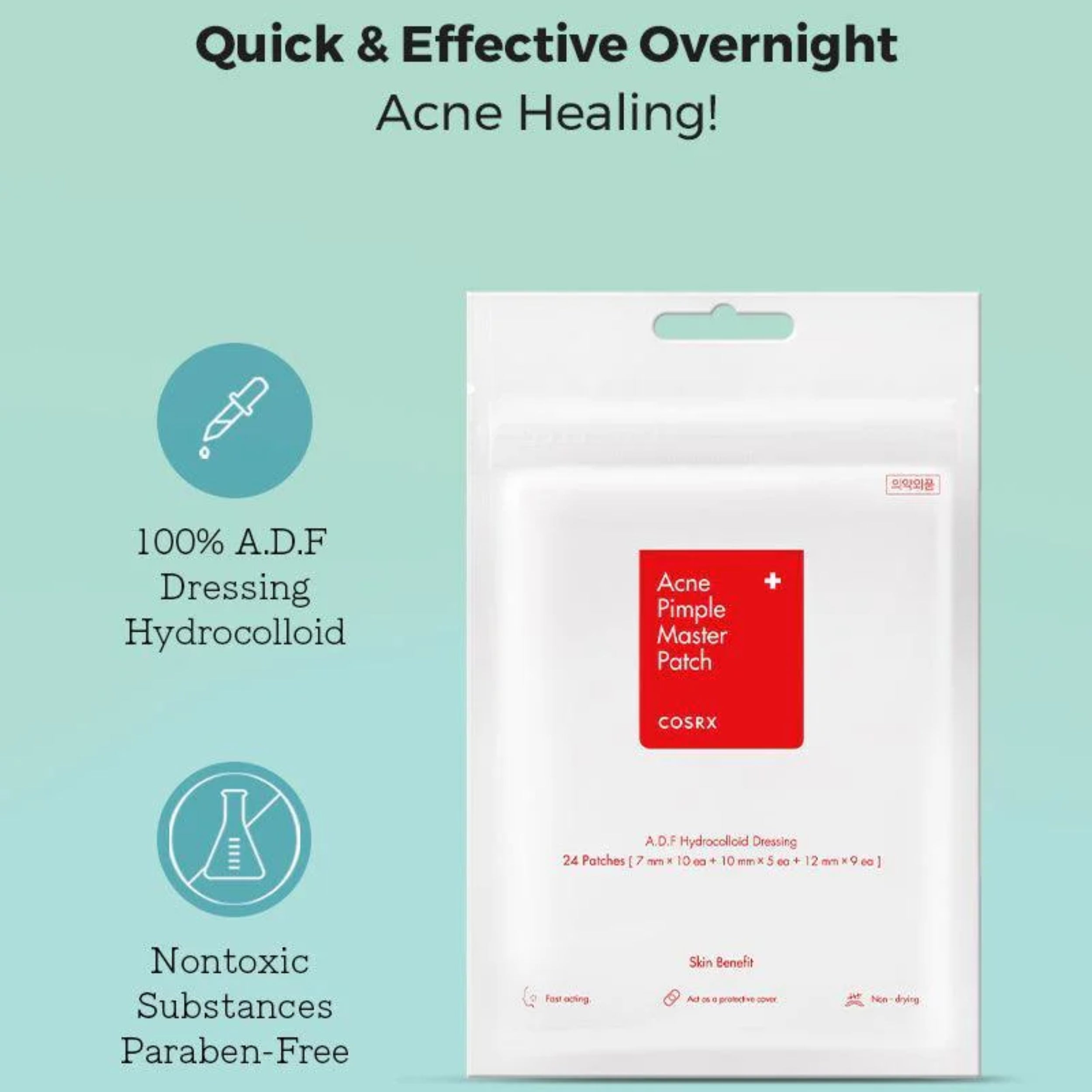 Cosrx Acne Pimple Master Patch packaging with text about quick and effective overnight acne healing on a light blue background.