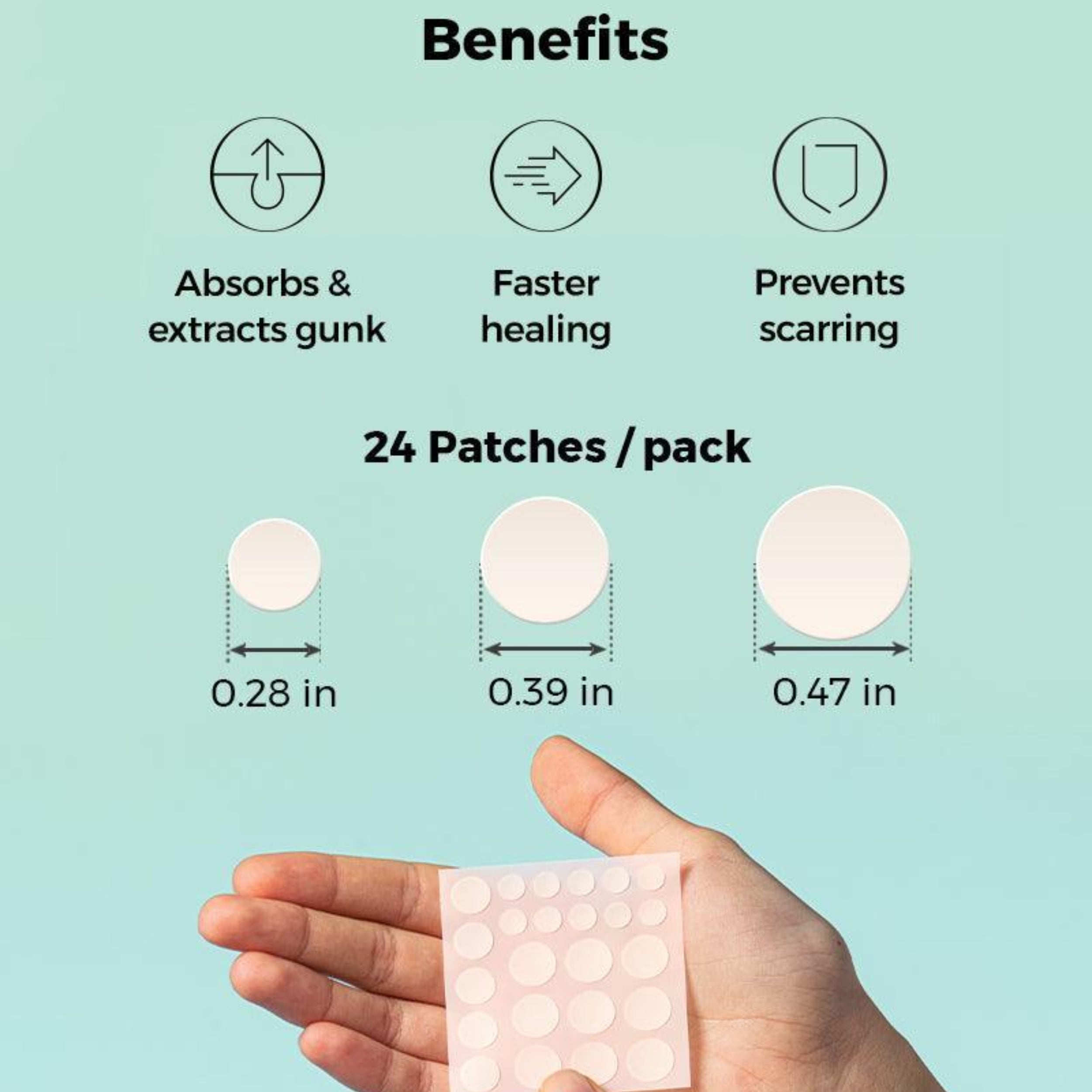 Product packaging of COSRX acne patches with benefits listed on a light blue background