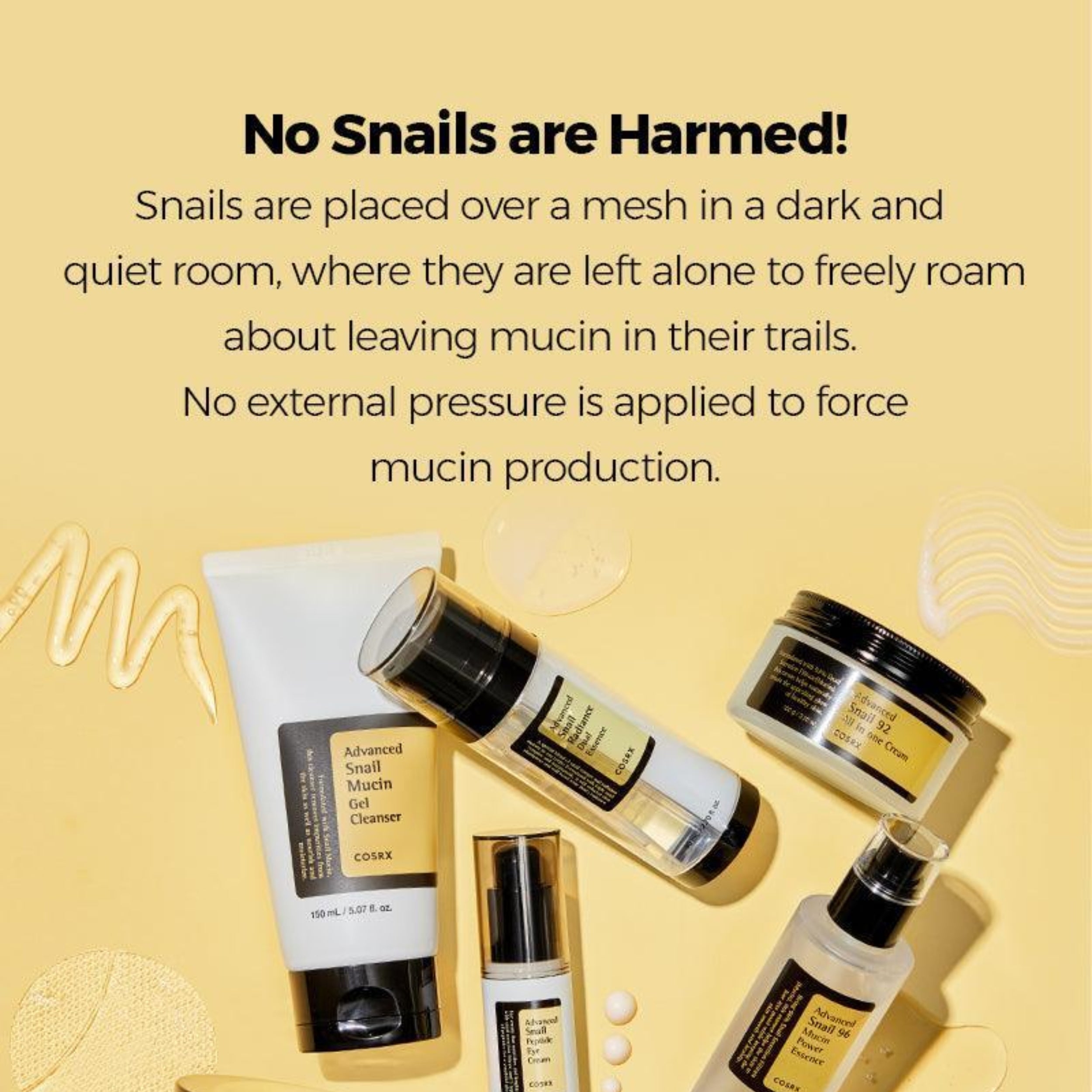Cosmetic products with text about snail mucin production on a yellow background