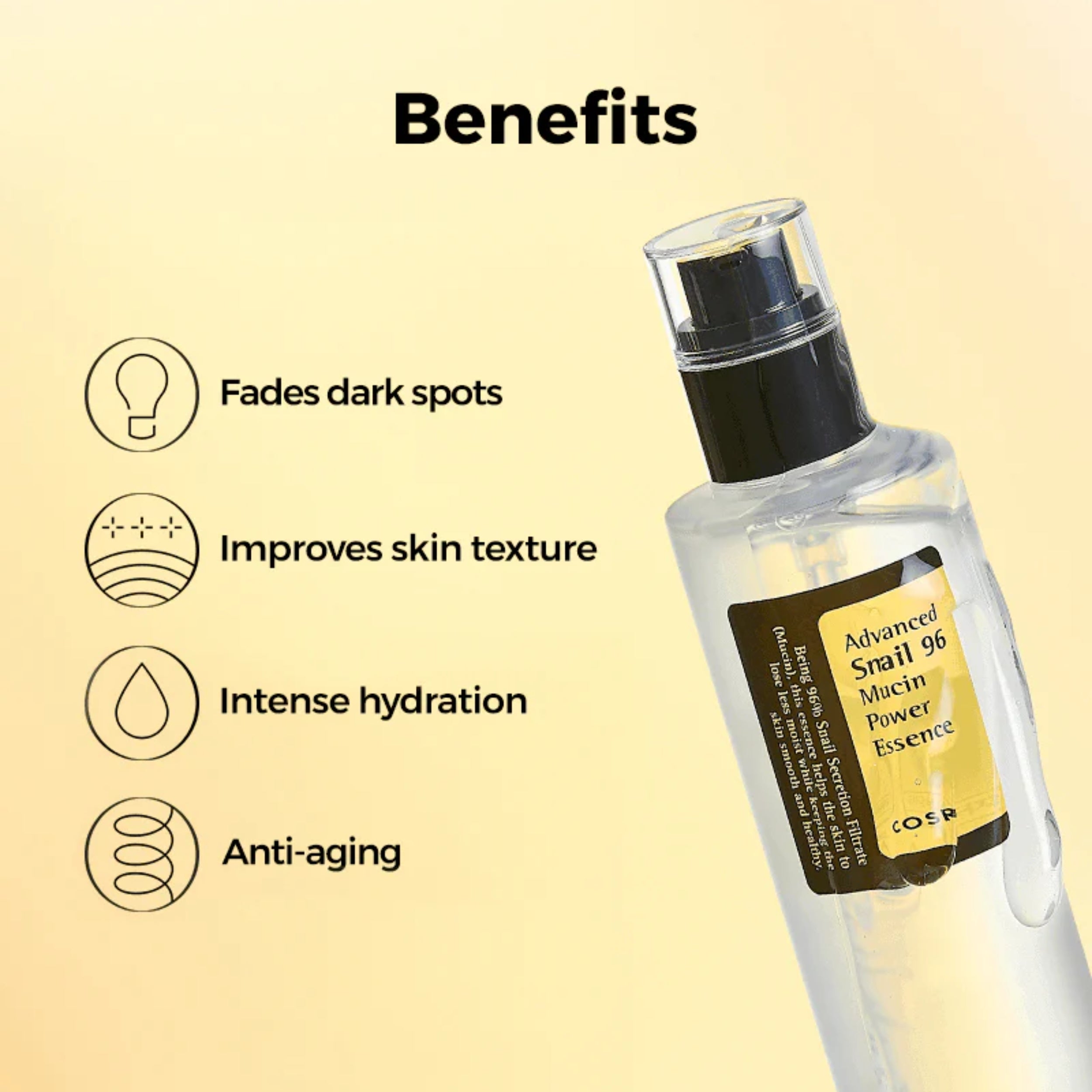 Cosme bottle with benefits listed on a beige background