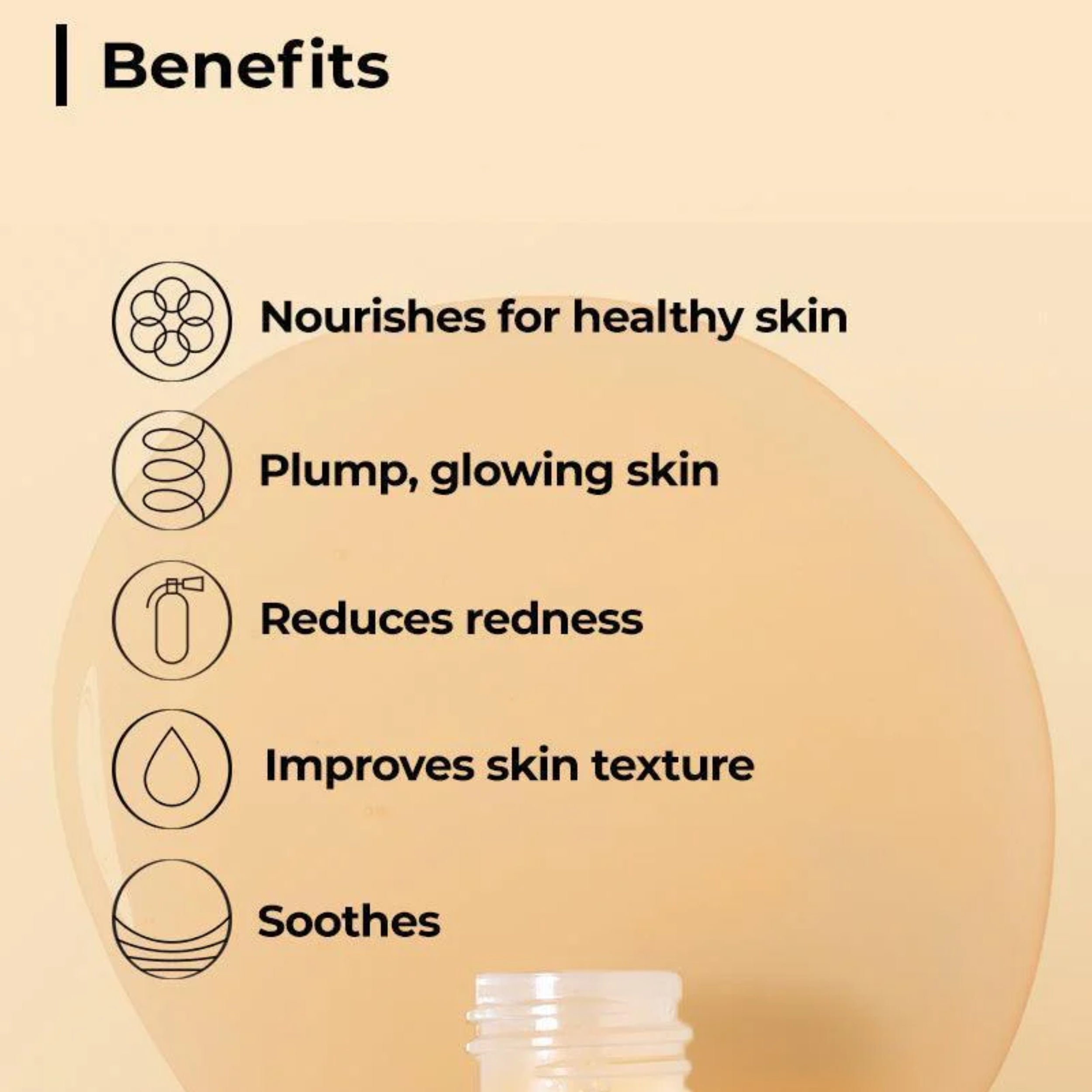 List of skincare benefits with icons on a beige background