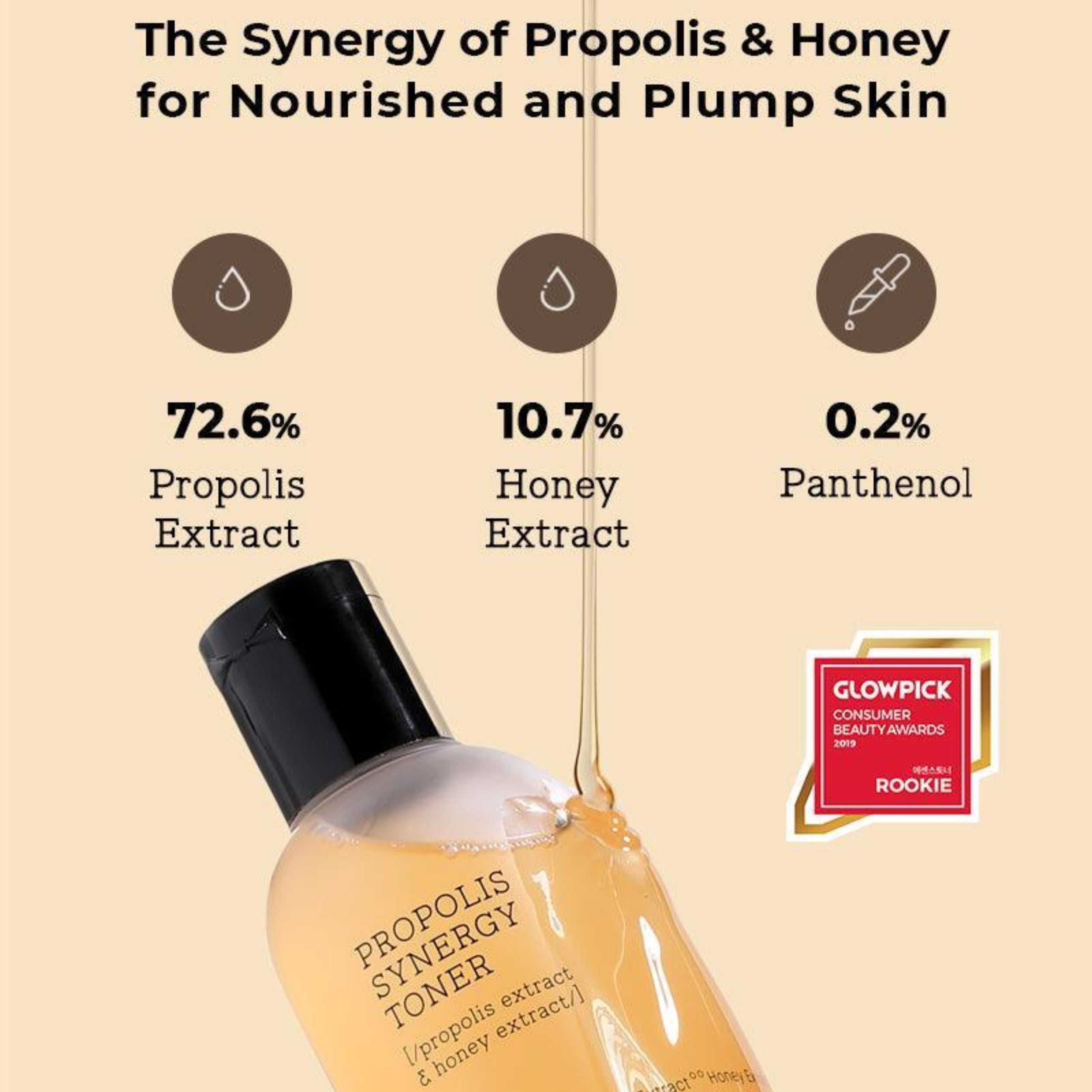 Bottle of Propolis Synergy Toner with ingredient percentages and Glowpick Rookie badge on a beige background