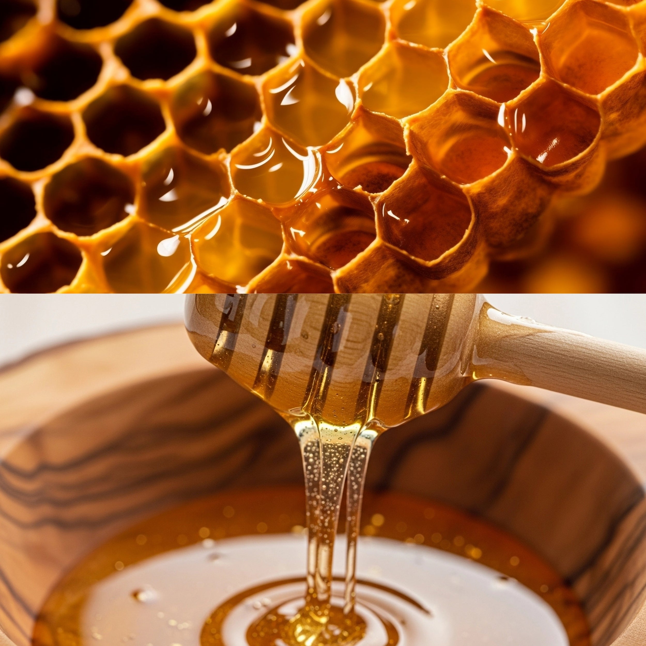Honeycomb with honey dripping into a wooden bowl