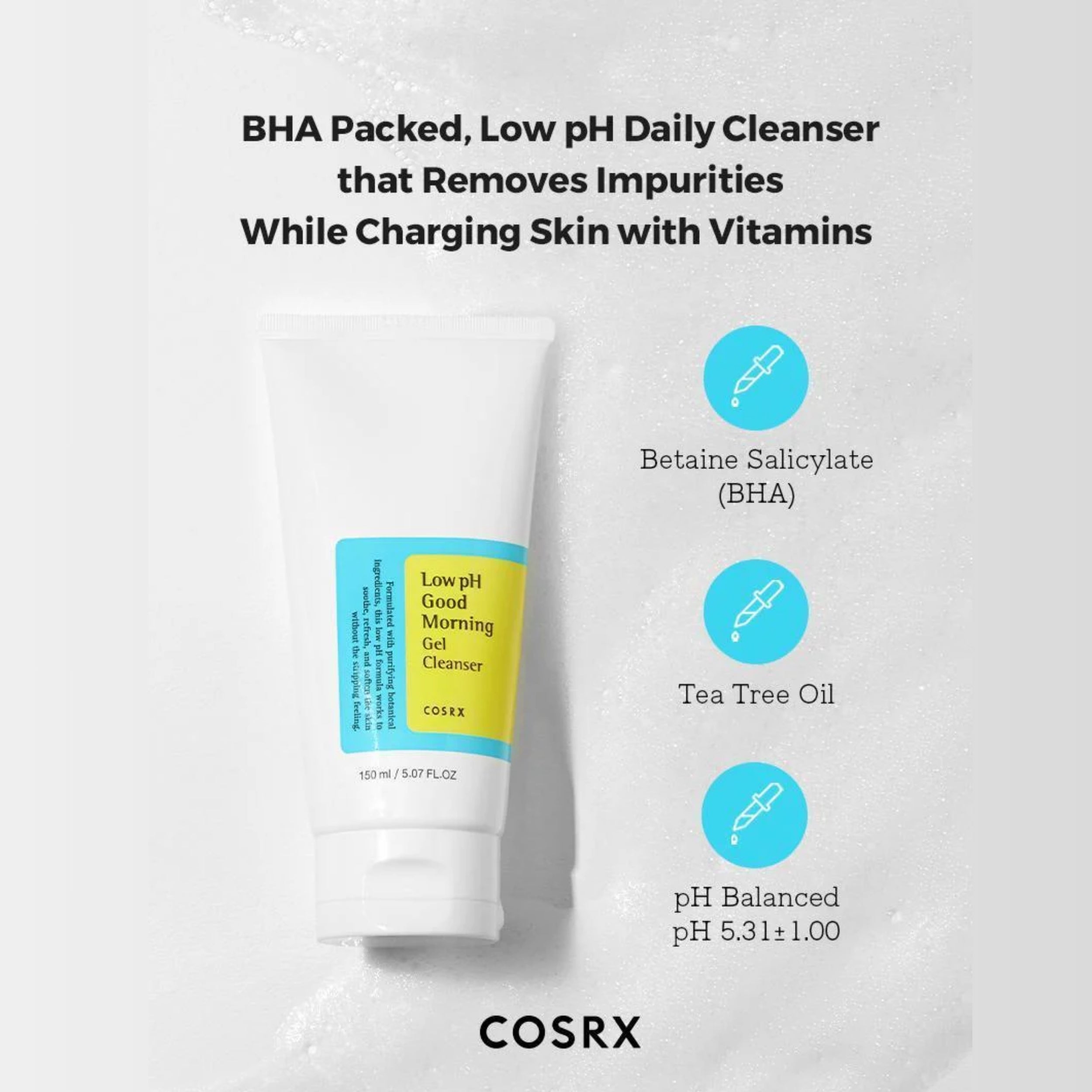 COSRX skincare product with text about BHA cleanser and ingredients on a white background