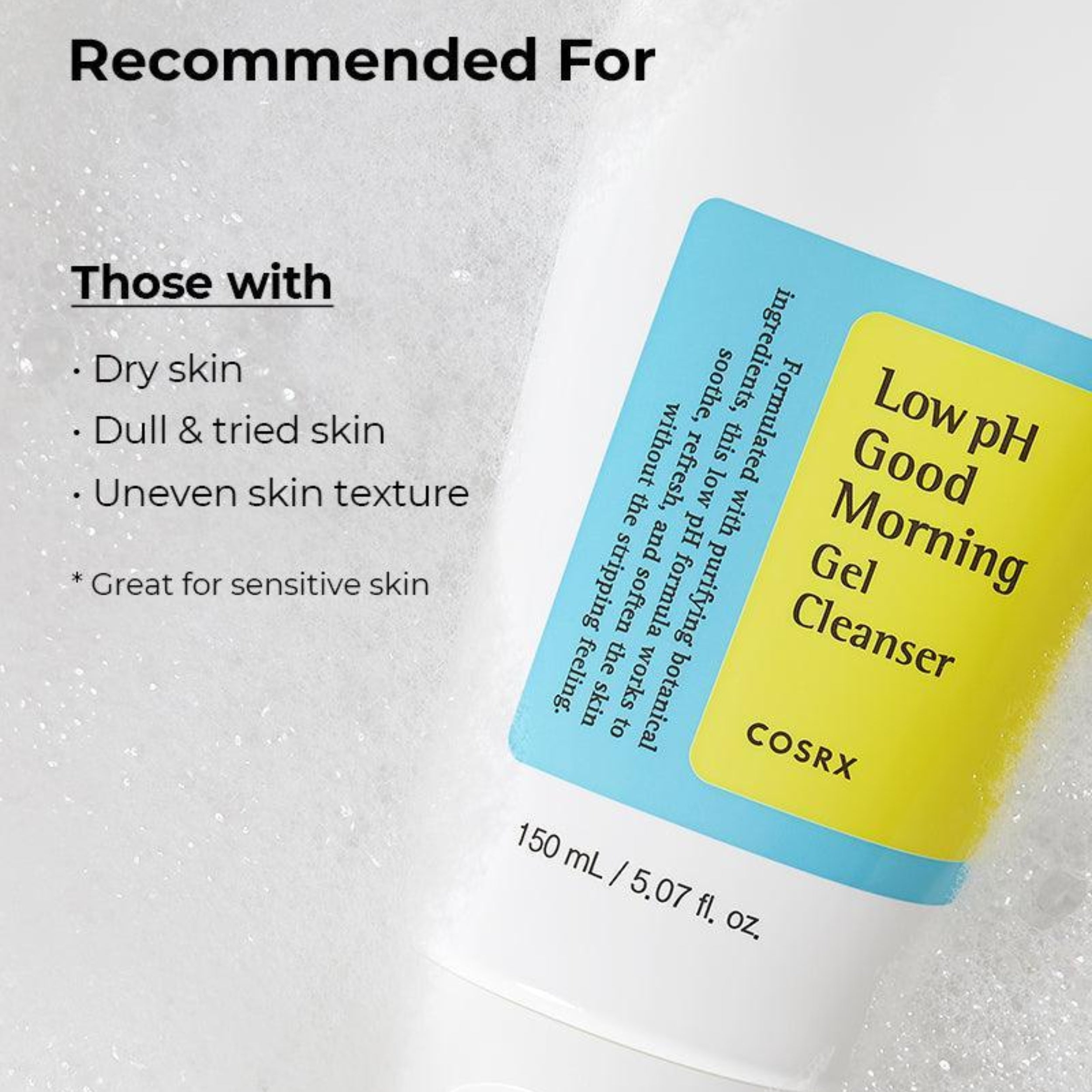 Cosrx Low pH Good Morning Gel Cleanser bottle with text on a textured background