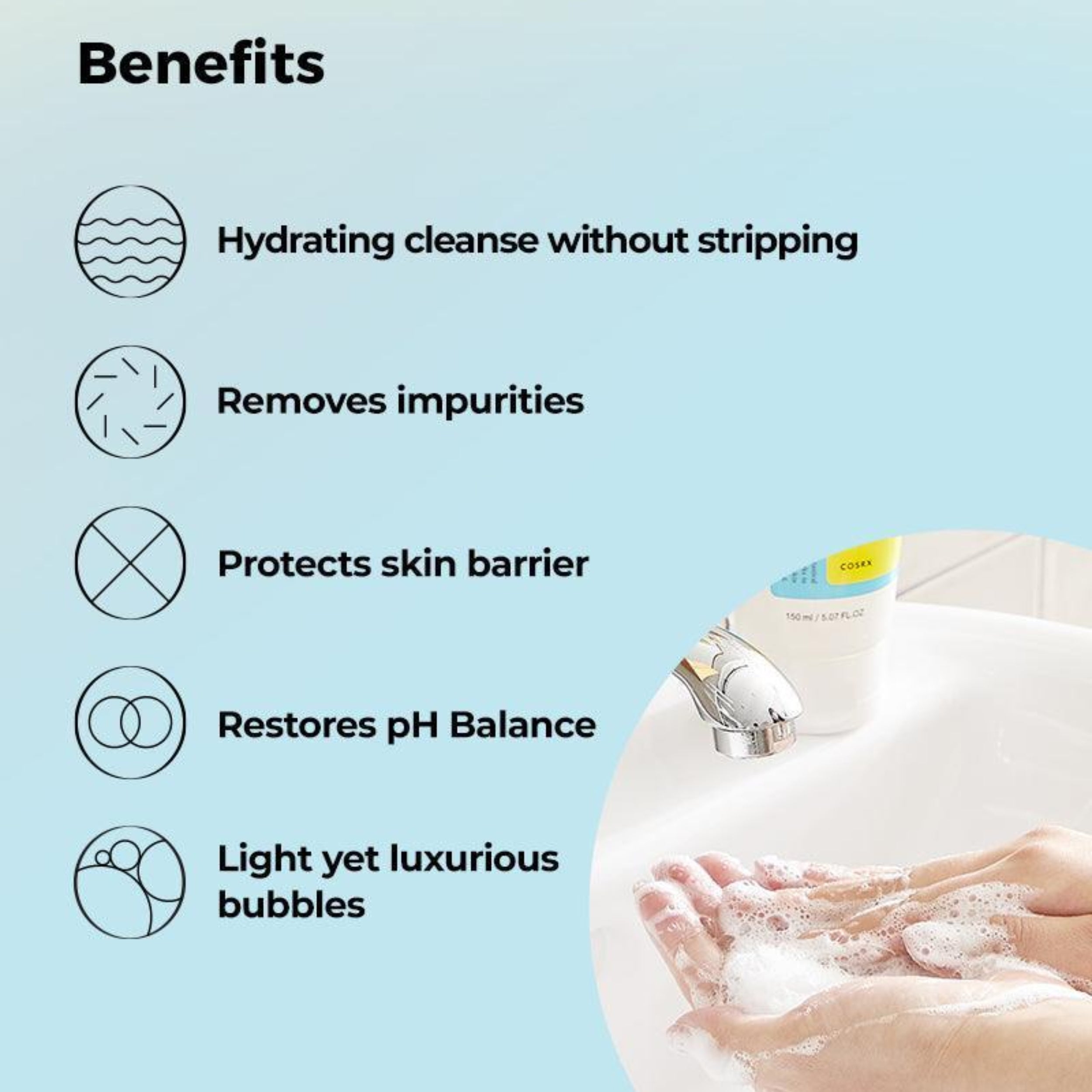 Benefits of a skincare product with icons and text on a light blue background, showing hands with soap bubbles.