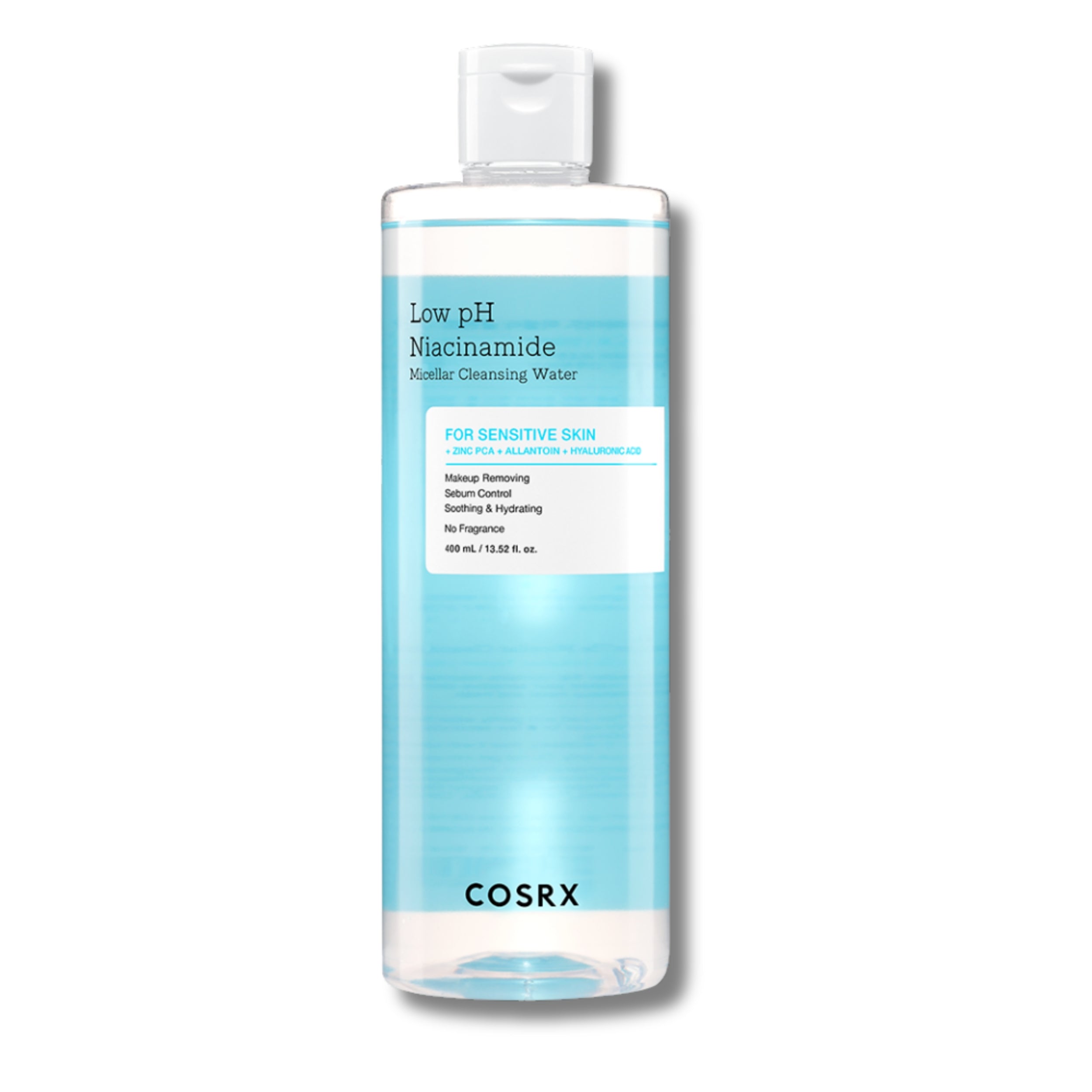 Cosrx bottle of Low pH Niacinamide Moisturizing Cleansing Water on a white background