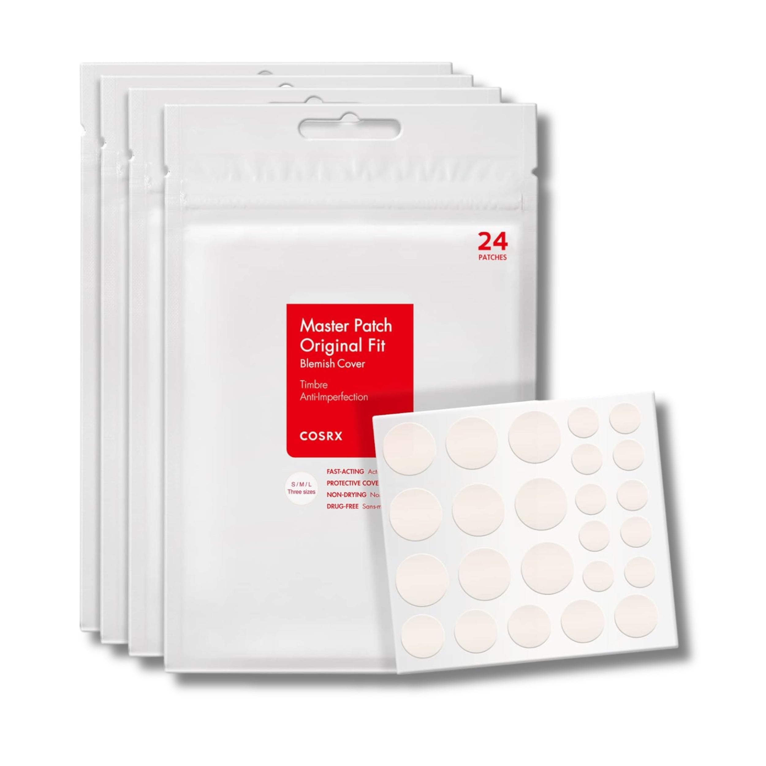 COSRX Master Patch Original Fit blemish cover packaging with a sample of patches on a white background