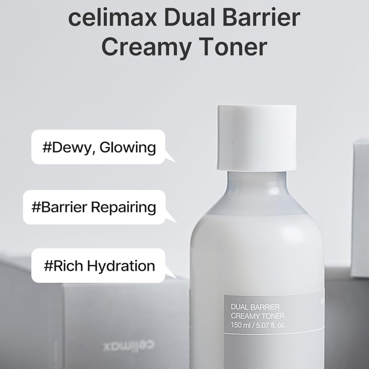 Celimax Dual Barrier Creamy Toner bottle with text highlighting benefits on a light gray background