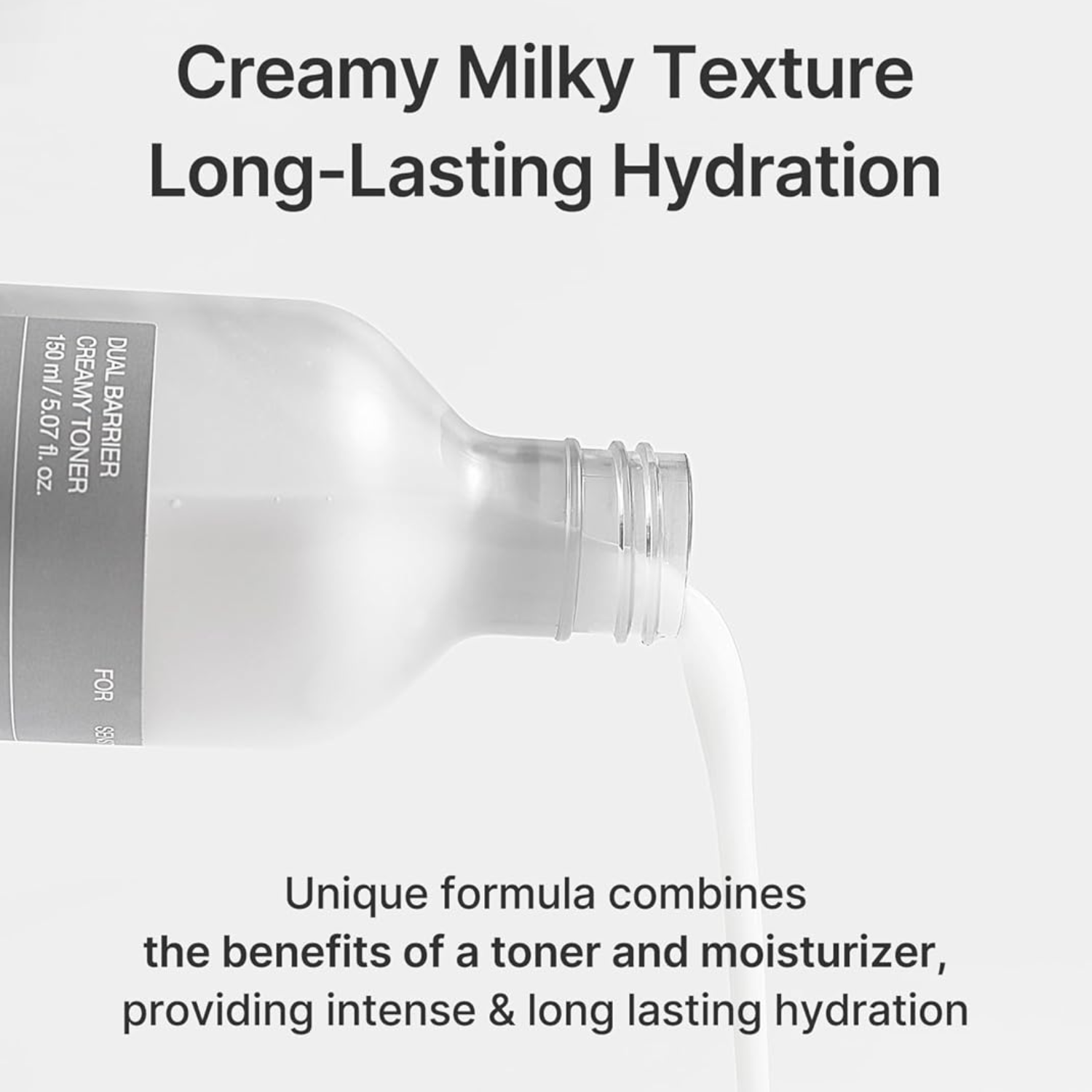 Bottle of skincare product with text highlighting creamy milky texture and long-lasting hydration.