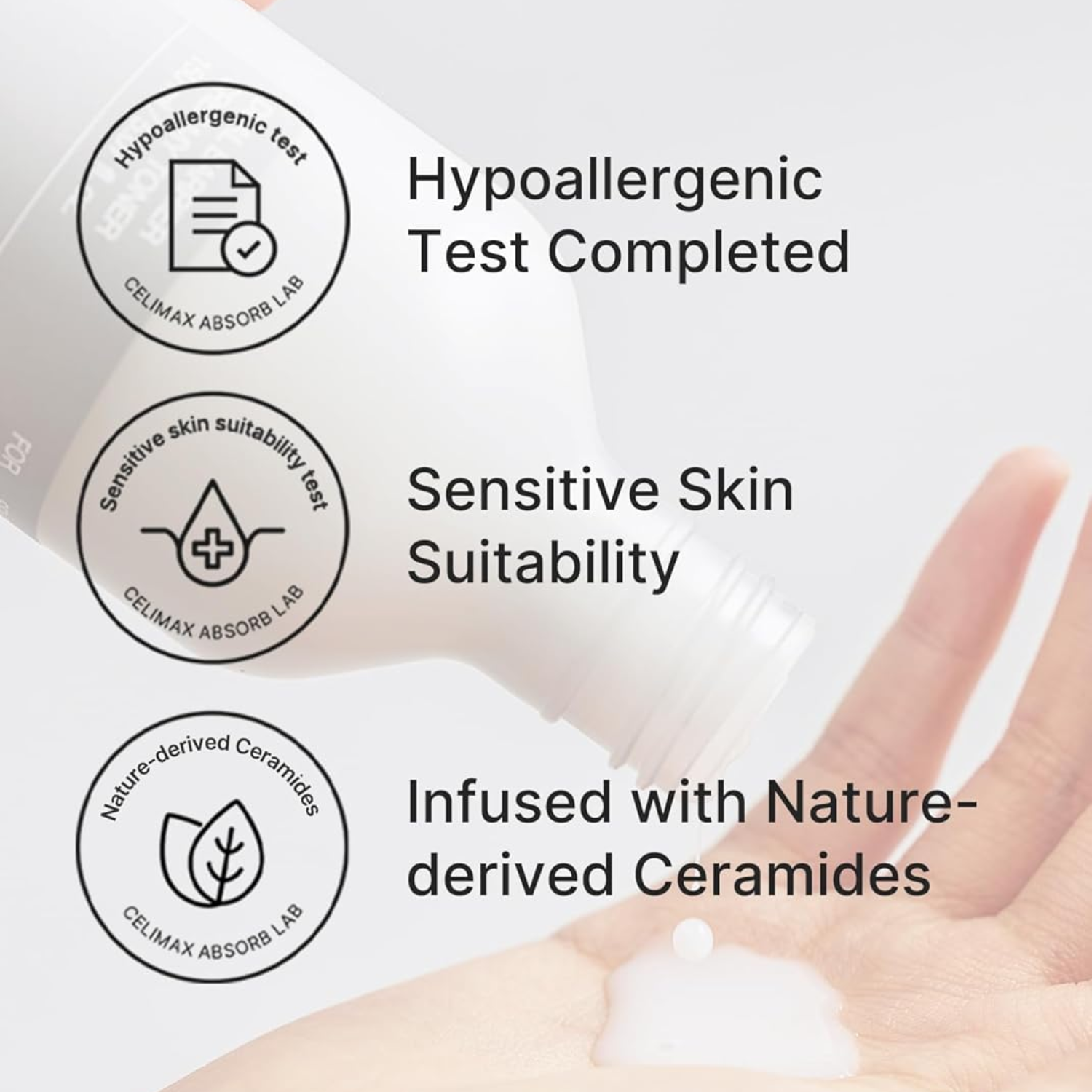 Hand applying cream with text highlighting hypoallergenic and sensitive skin suitability
