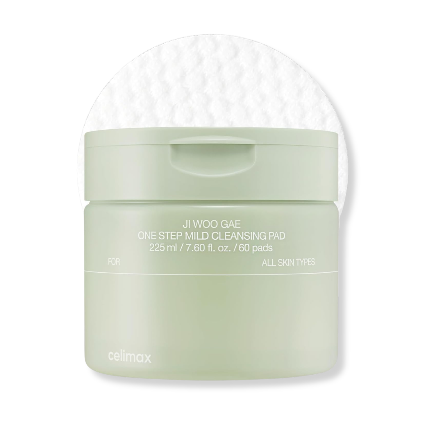 Green jar of Ji Woo Gae One Step Mild Cleansing Pad with clear lid on a white background