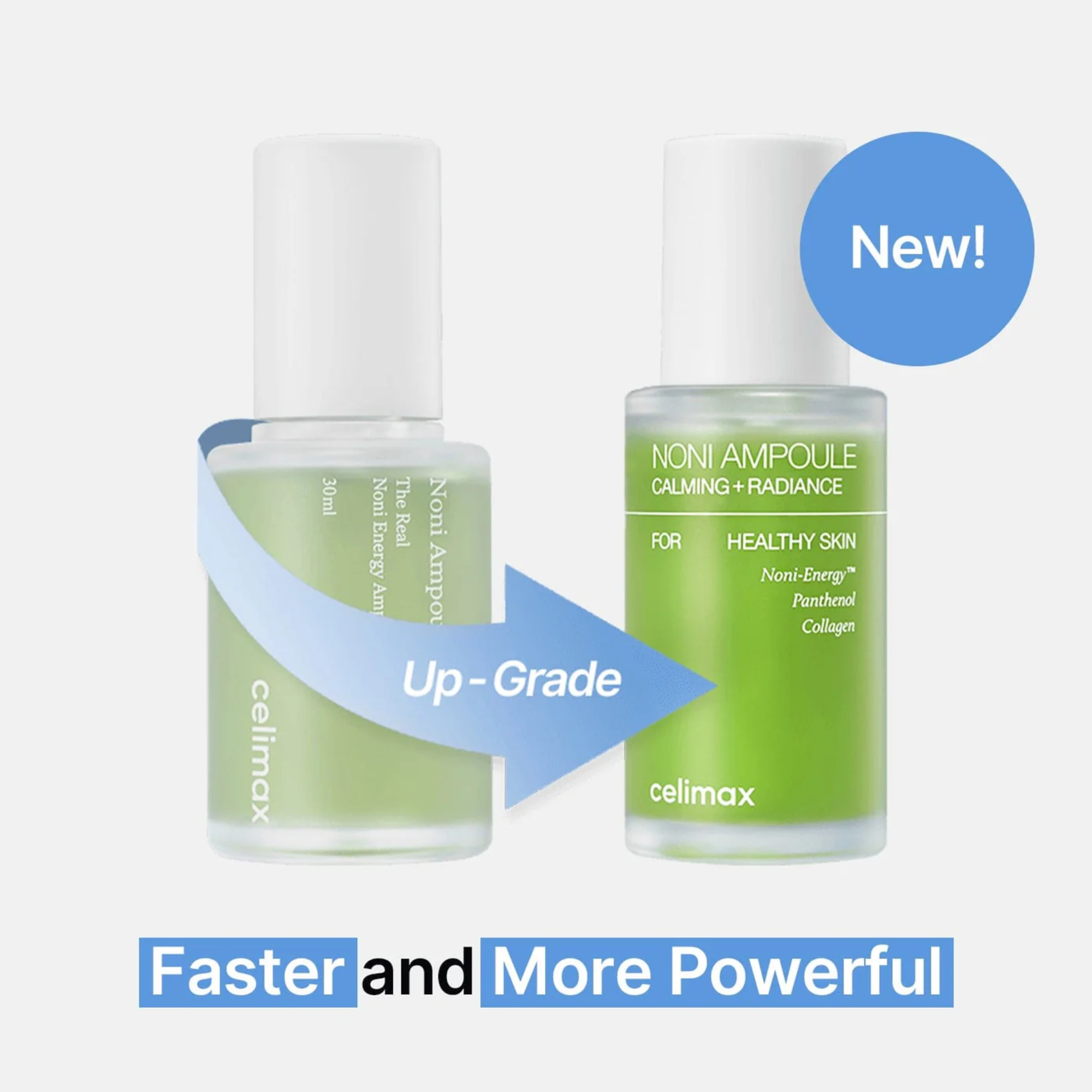 Two bottles of Celimax Noni Ampoule with a blue arrow and text indicating an upgrade.