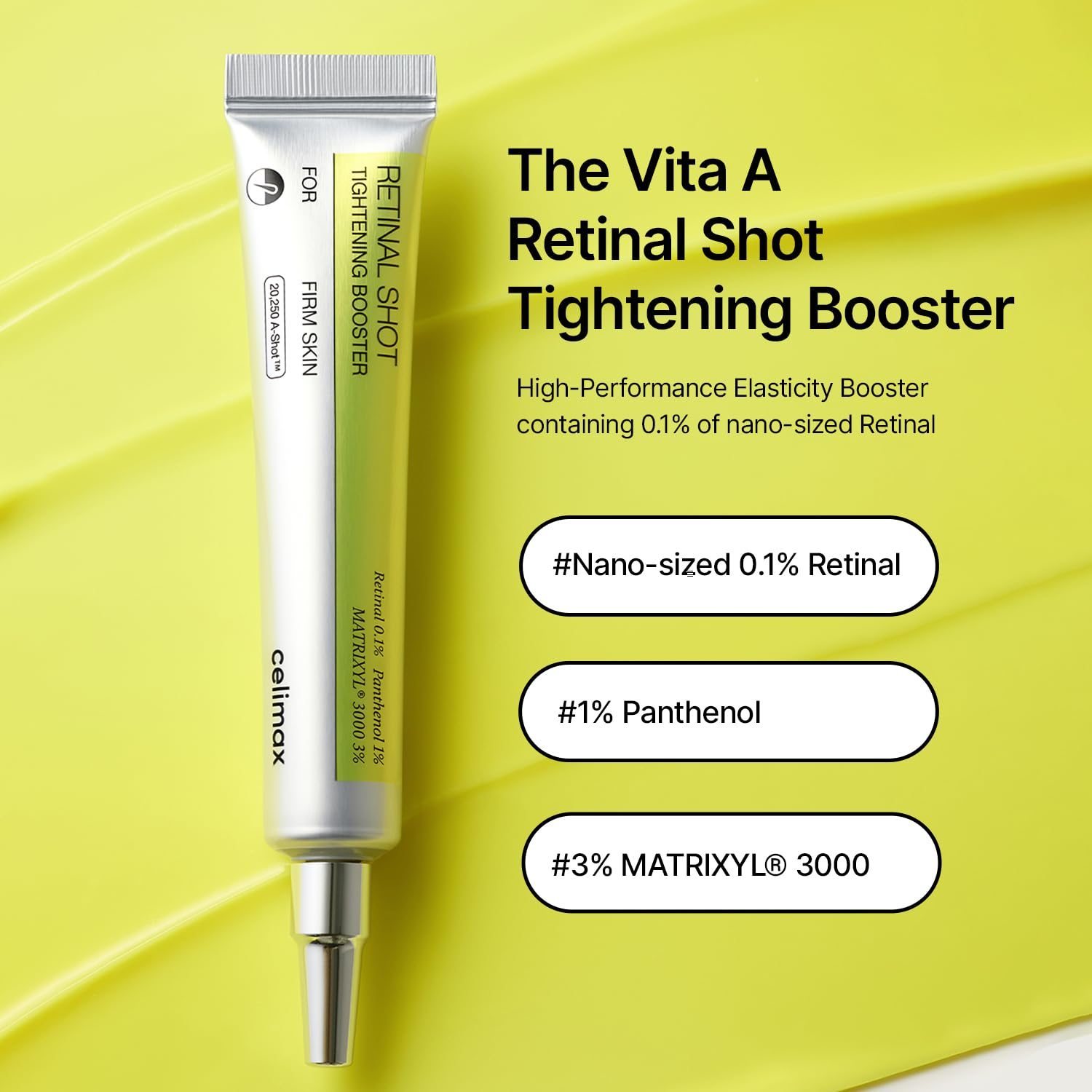 Vita A Retinal Shot Tightening Booster with product details on a yellow background
