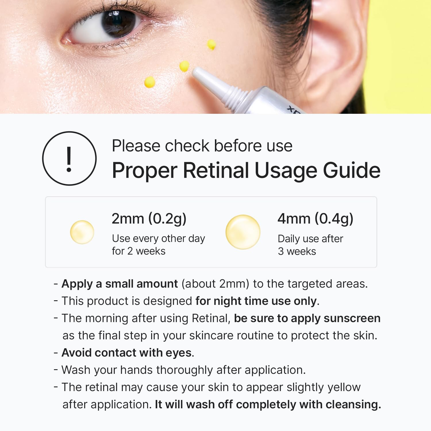 Product usage guide with close-up of eye area and text instructions.