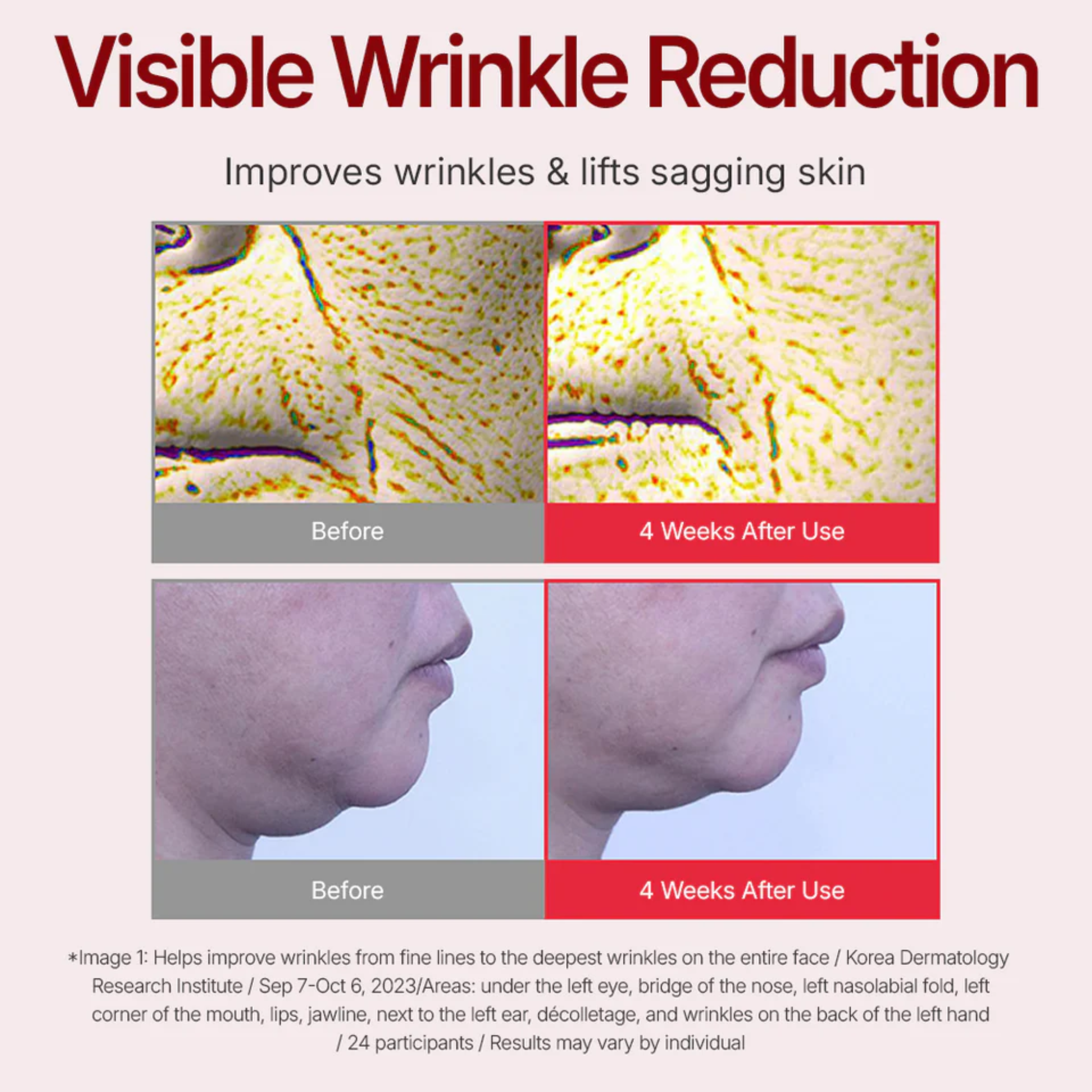 Advertisement for visible wrinkle reduction with before and after images on a light pink background.