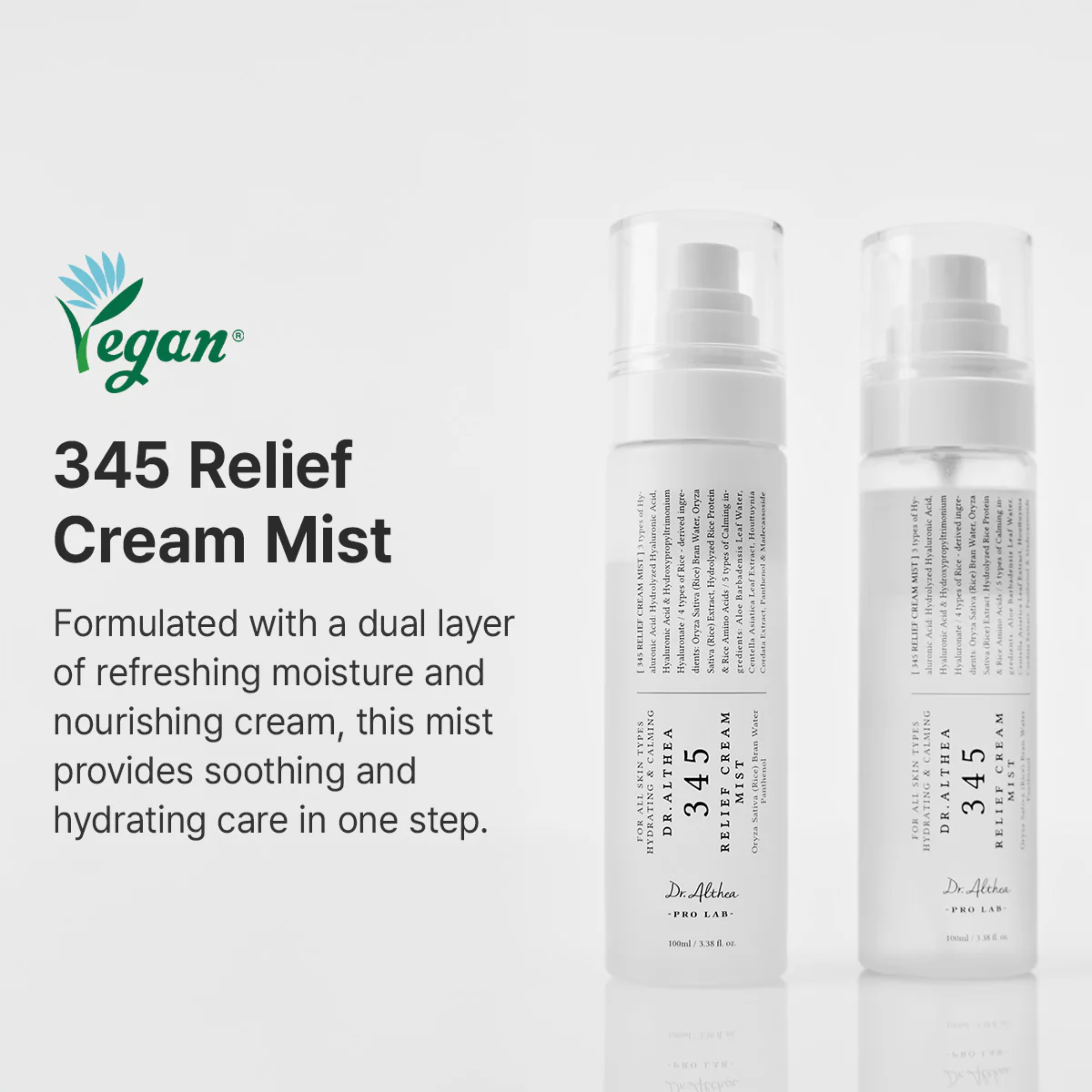 Two bottles of 345 Relief Cream Mist with text about its features on a white background.
