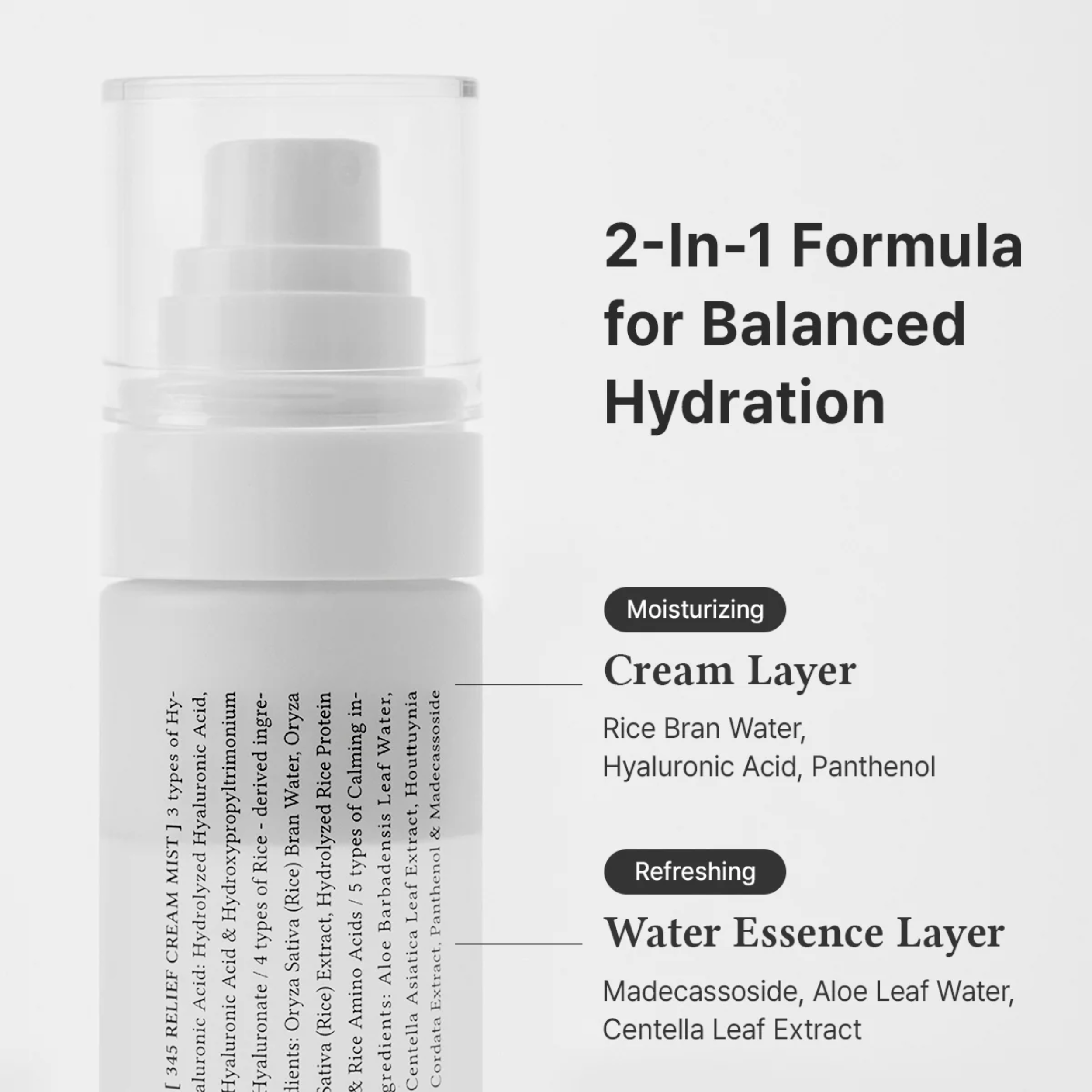 Skincare product with text detailing 2-in-1 formula for balanced hydration.