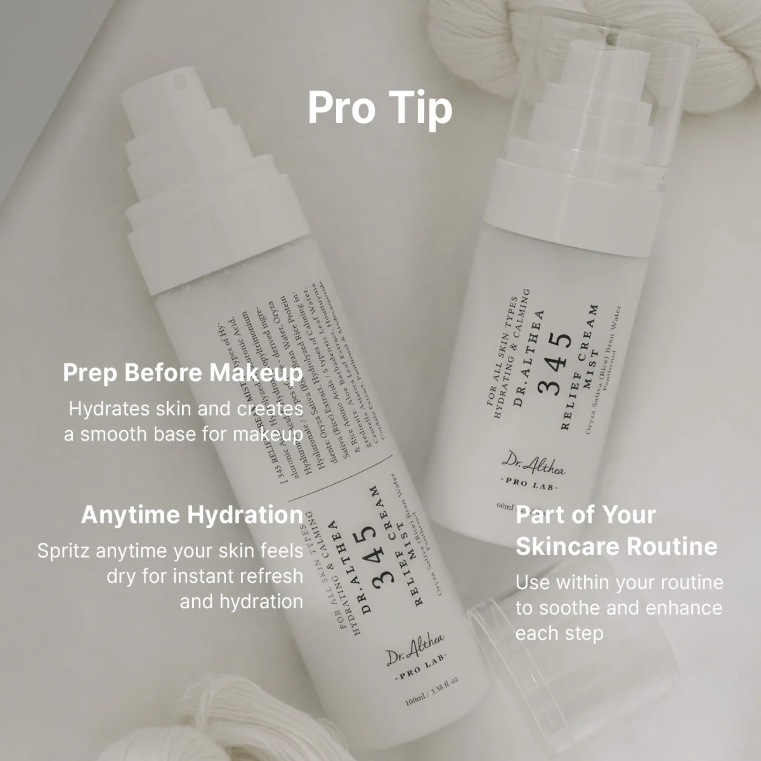 Two skincare bottles with text on a light background