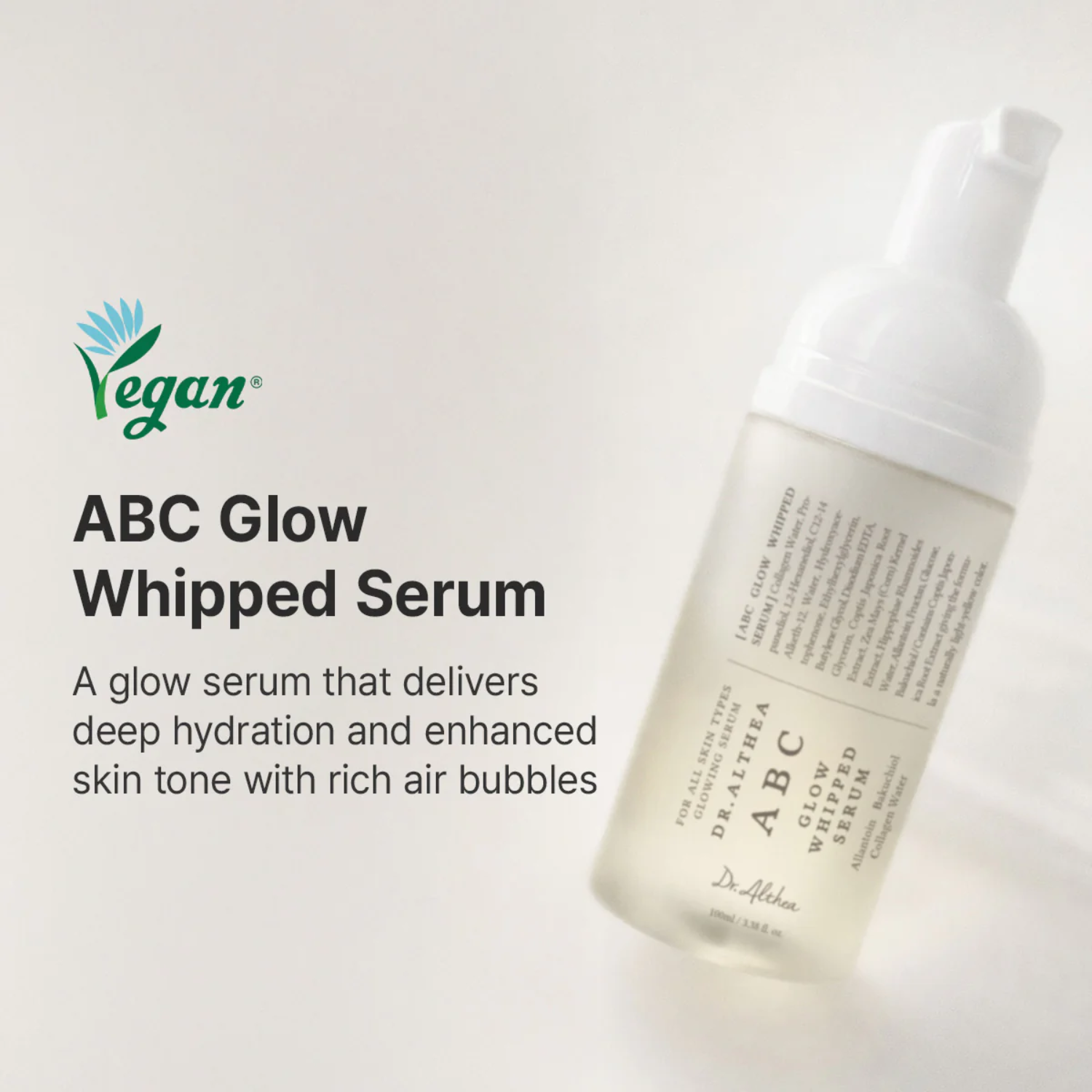 ABC Glow Whipped Serum bottle with product description on a light background
