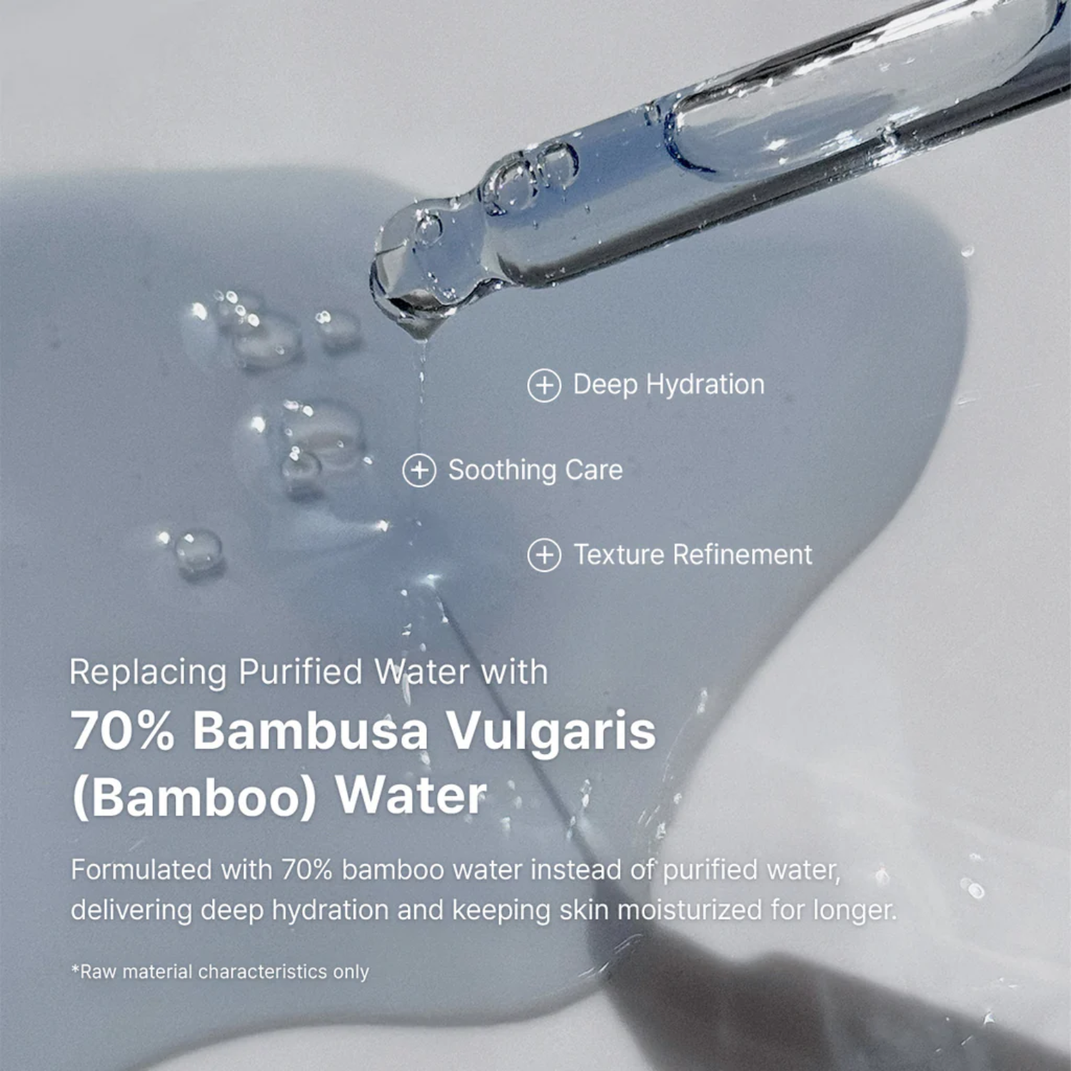 Bamboo water droplet with text highlighting benefits on a light gray background