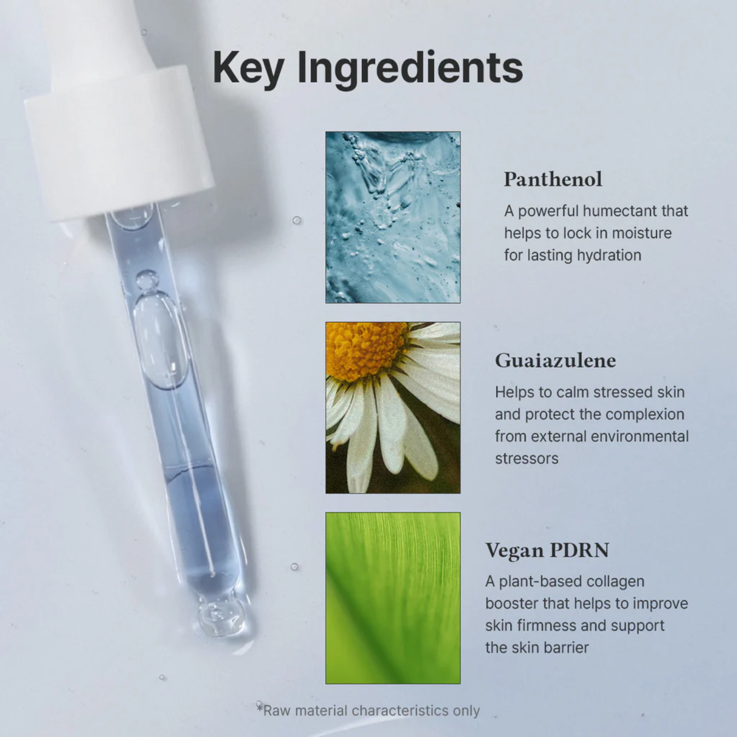 Product dropper with key ingredients listed on a white background