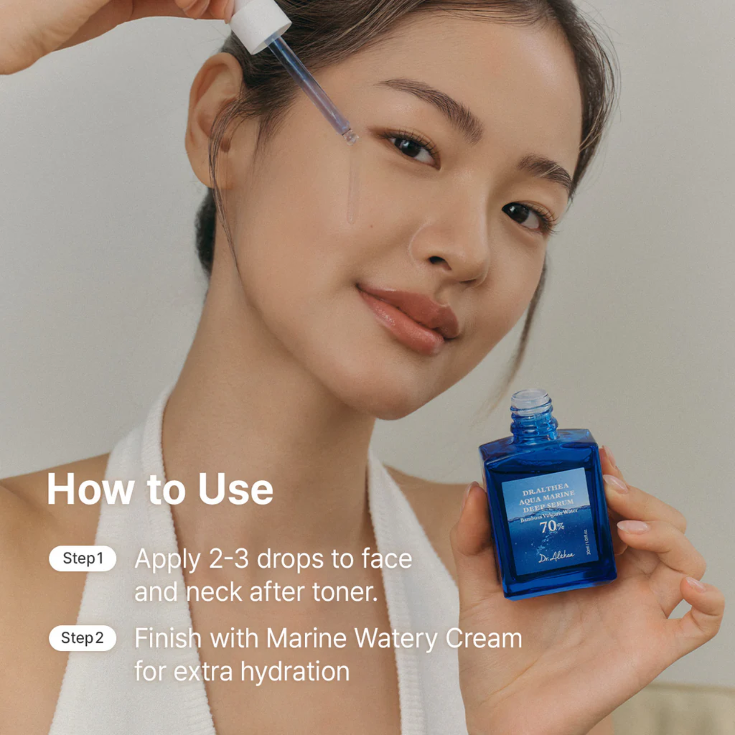 Woman applying skincare product with text on how to use it