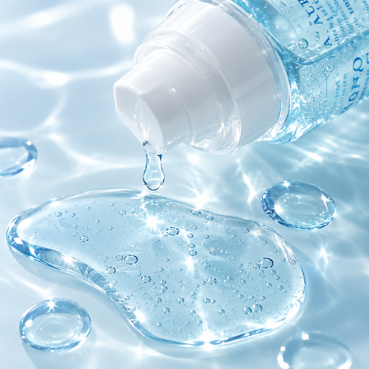 A clear skincare bottle with a white pump dispensing a drop of transparent gel onto a glossy, water-droplet-covered surface. The background features a light blue, sun-dappled water texture.