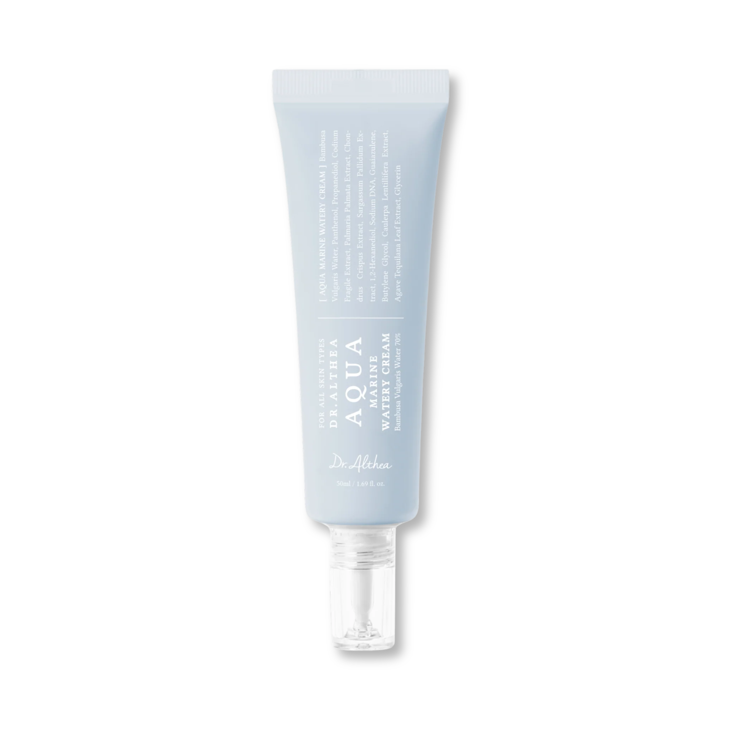 Blue skincare tube with text on a white background