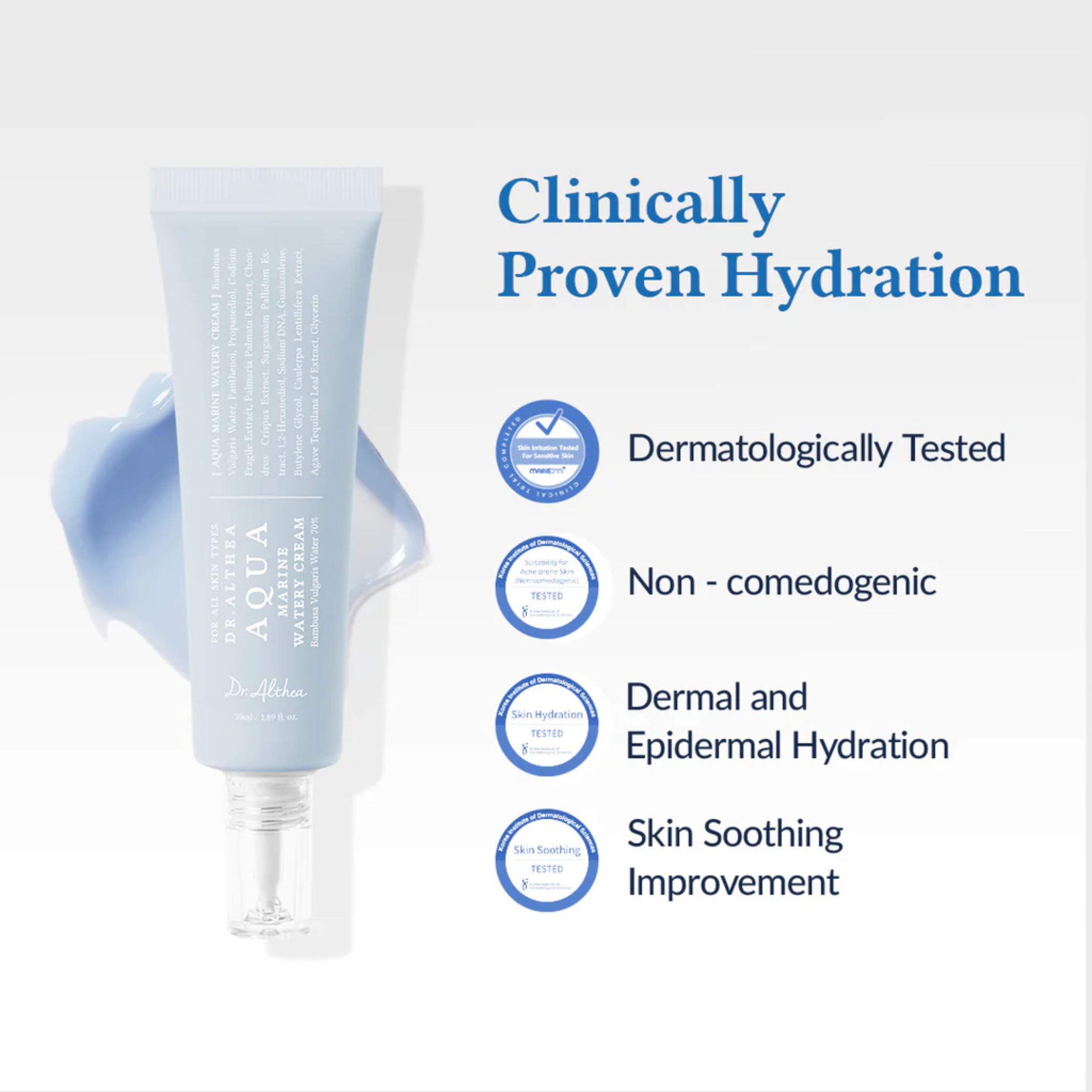 Tube of skincare product with 'Clinically Proven Hydration' text and icons on a light blue background