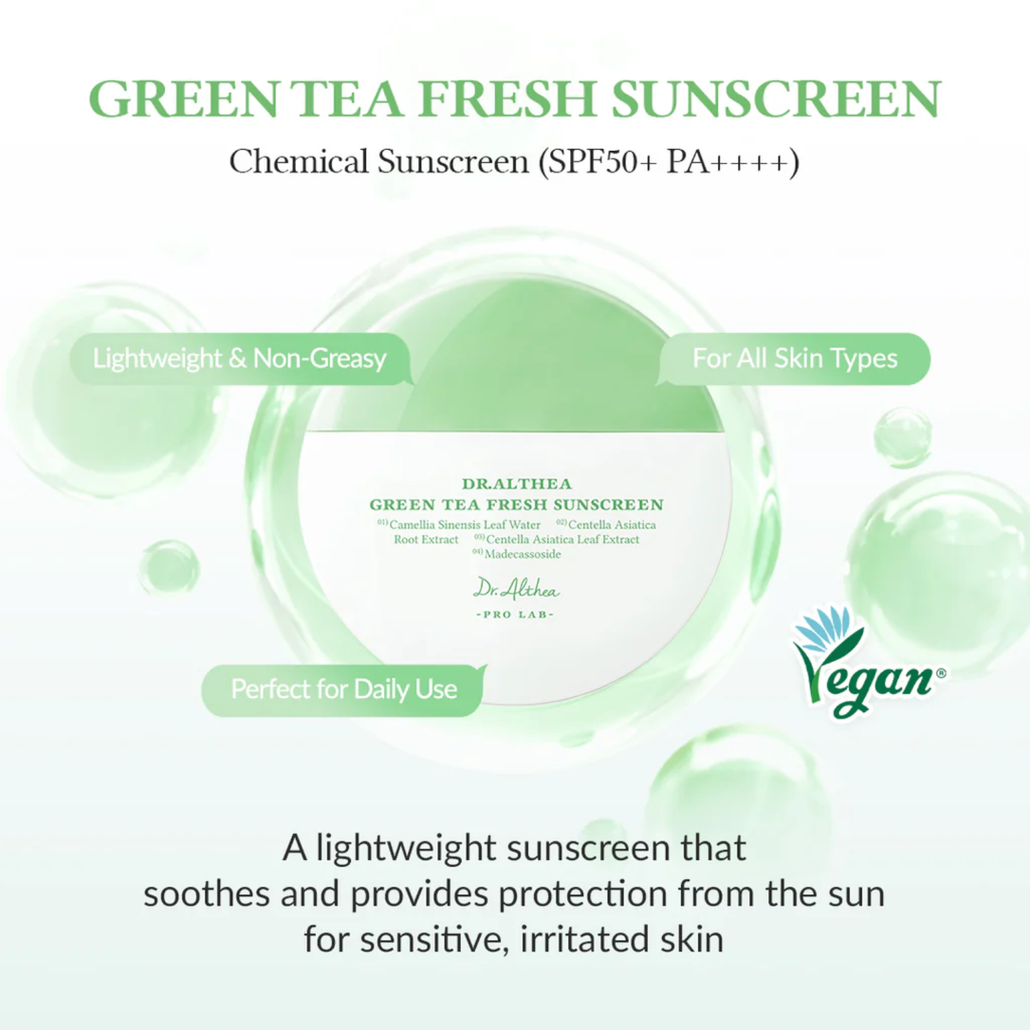 Green tea fresh sunscreen packaging with product name and features on a white background